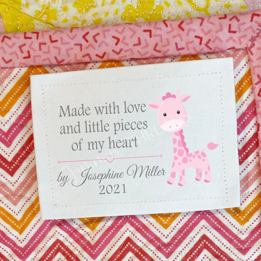 Baby Giraffe Quilt Labels in Pink - Personalized Baby Quilt Labels - Jammin Threads