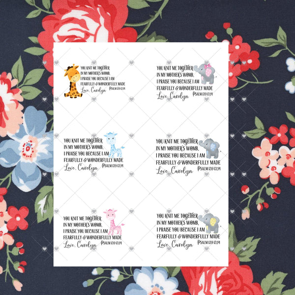 Baby Quilt Labels - Assorted Giraffe and Elephant Personalized Quilt Labels - Jammin Threads
