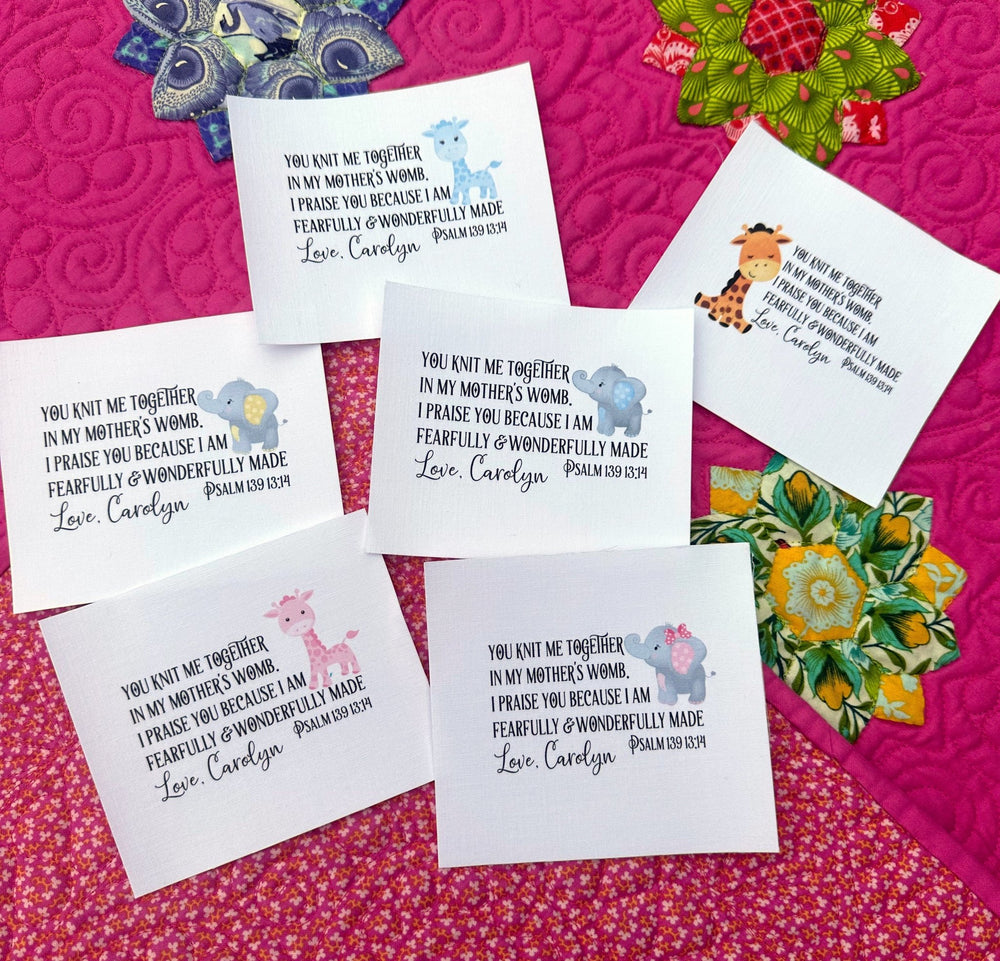 Personalized Baby Quilt Labels Set – Giraffe & Elephant Fabric Tags with Psalm 139 | Custom Sew - On Quilt Labels for Baby Gifts - Jammin Threads