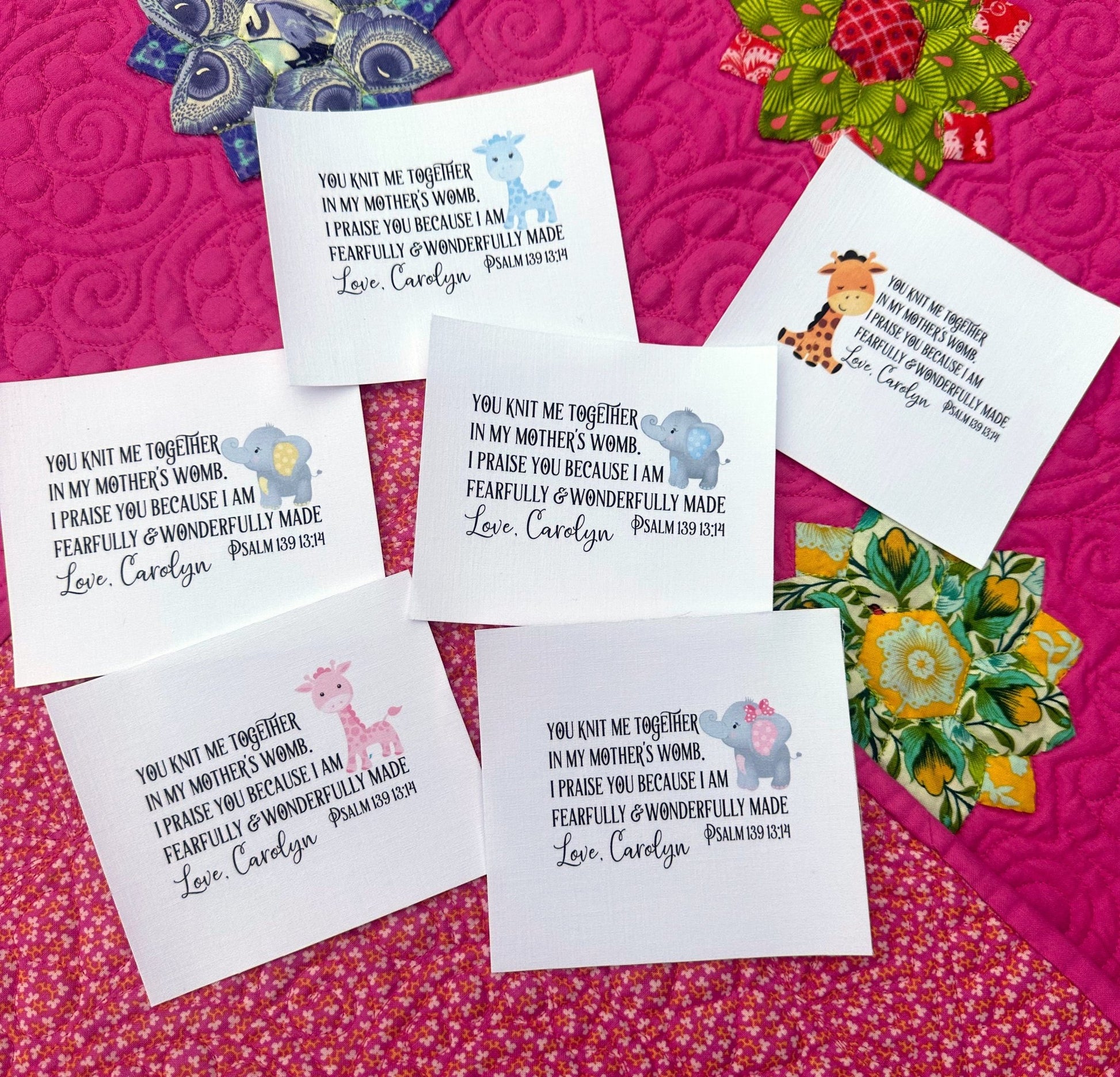Baby Quilt Labels - Assorted Giraffe and Elephant Personalized Quilt Labels - Jammin Threads