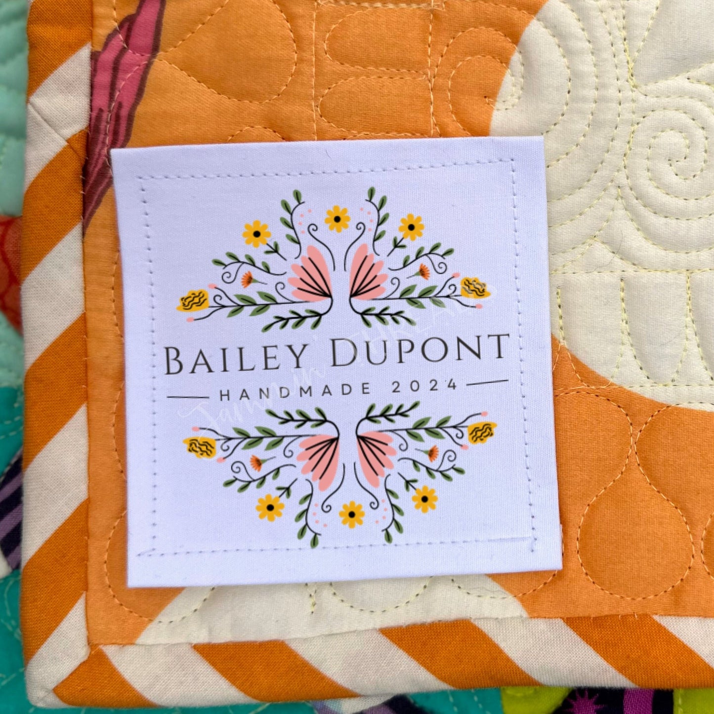 Beautiful Floral Quilt Labels personalized with your name and a year - Jammin Threads