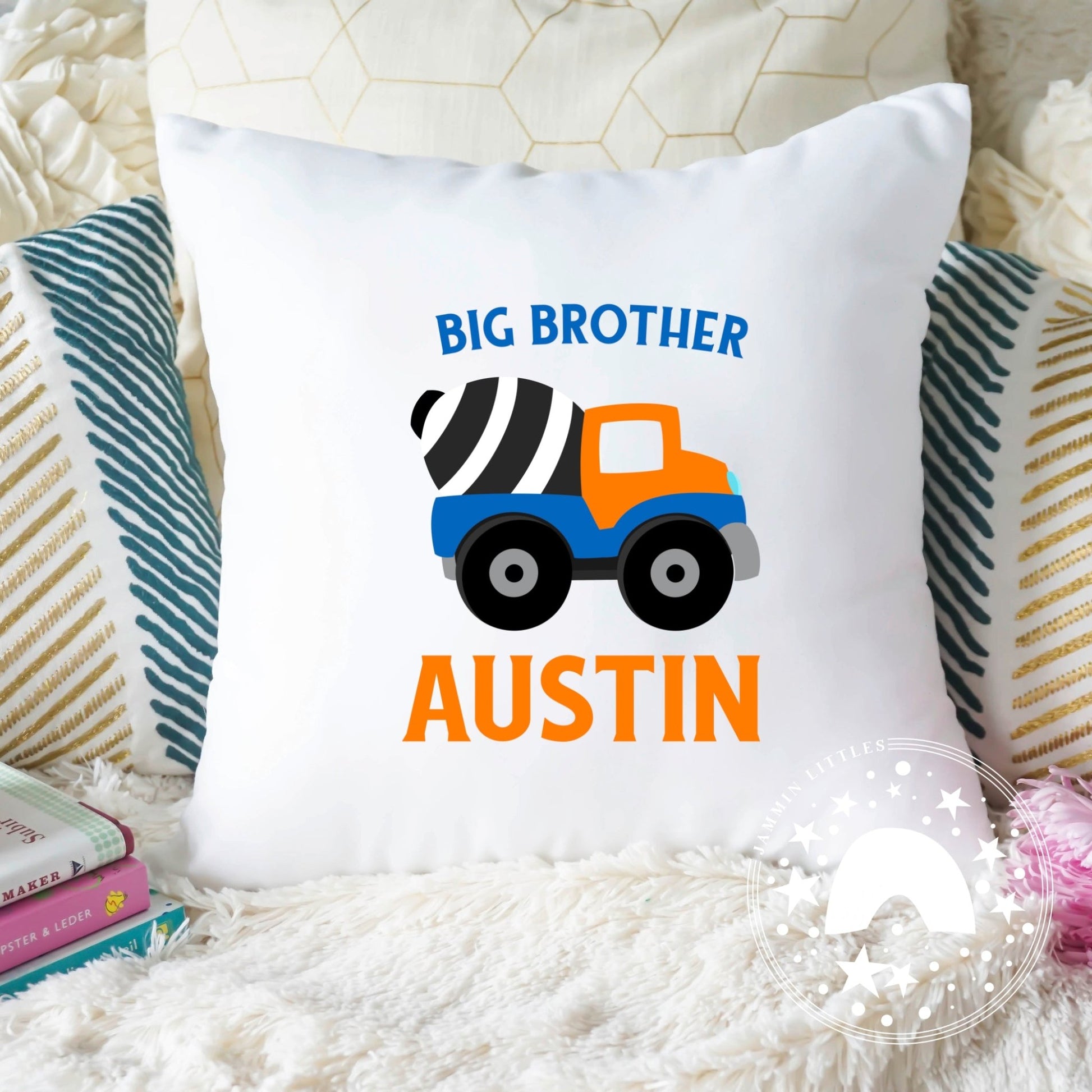 Big Brother Cement Mixer Pillow - personalized throw pillow for kids - Jammin Threads