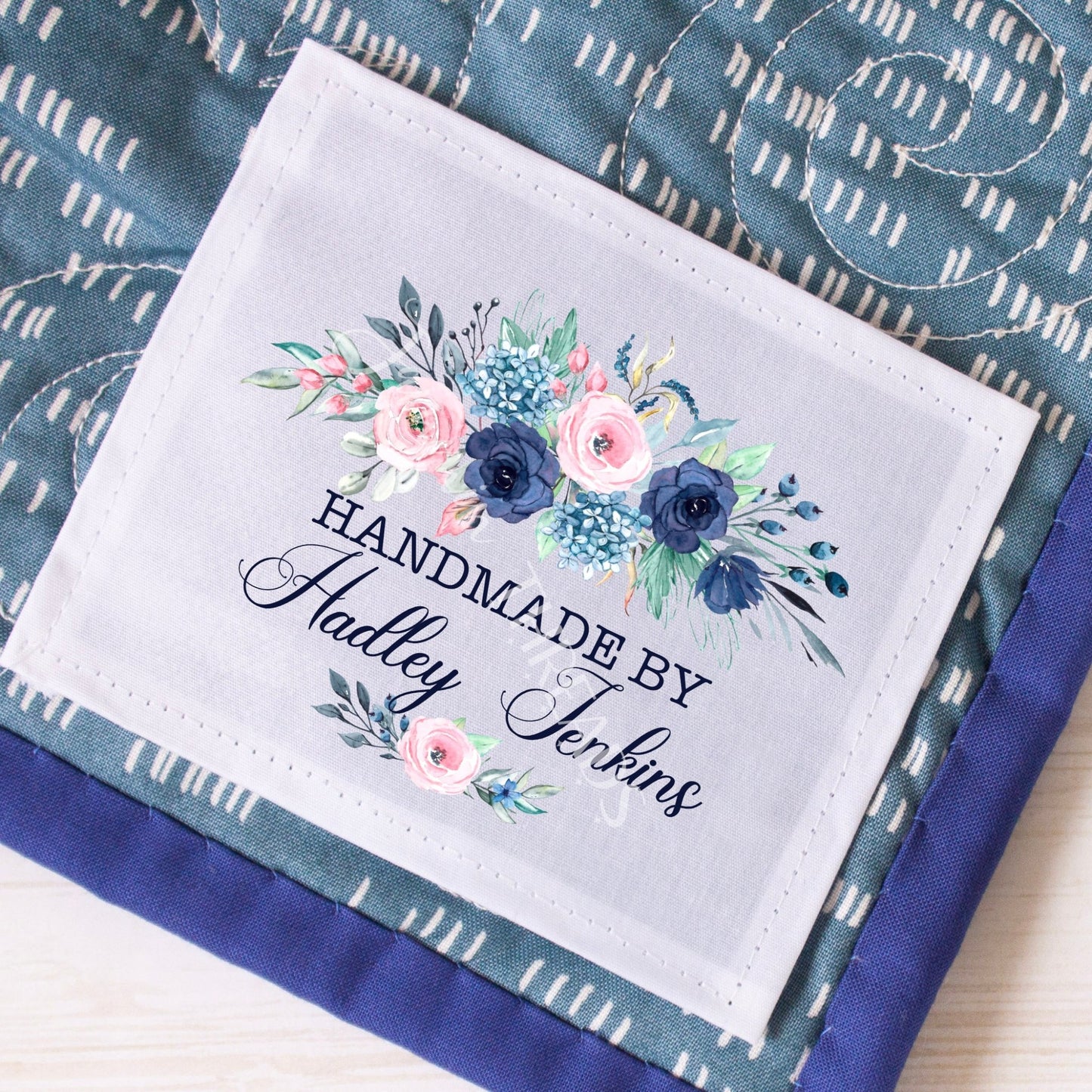 Blue Floral Quilt Labels - Personalized Floral quilt labels - Jammin Threads