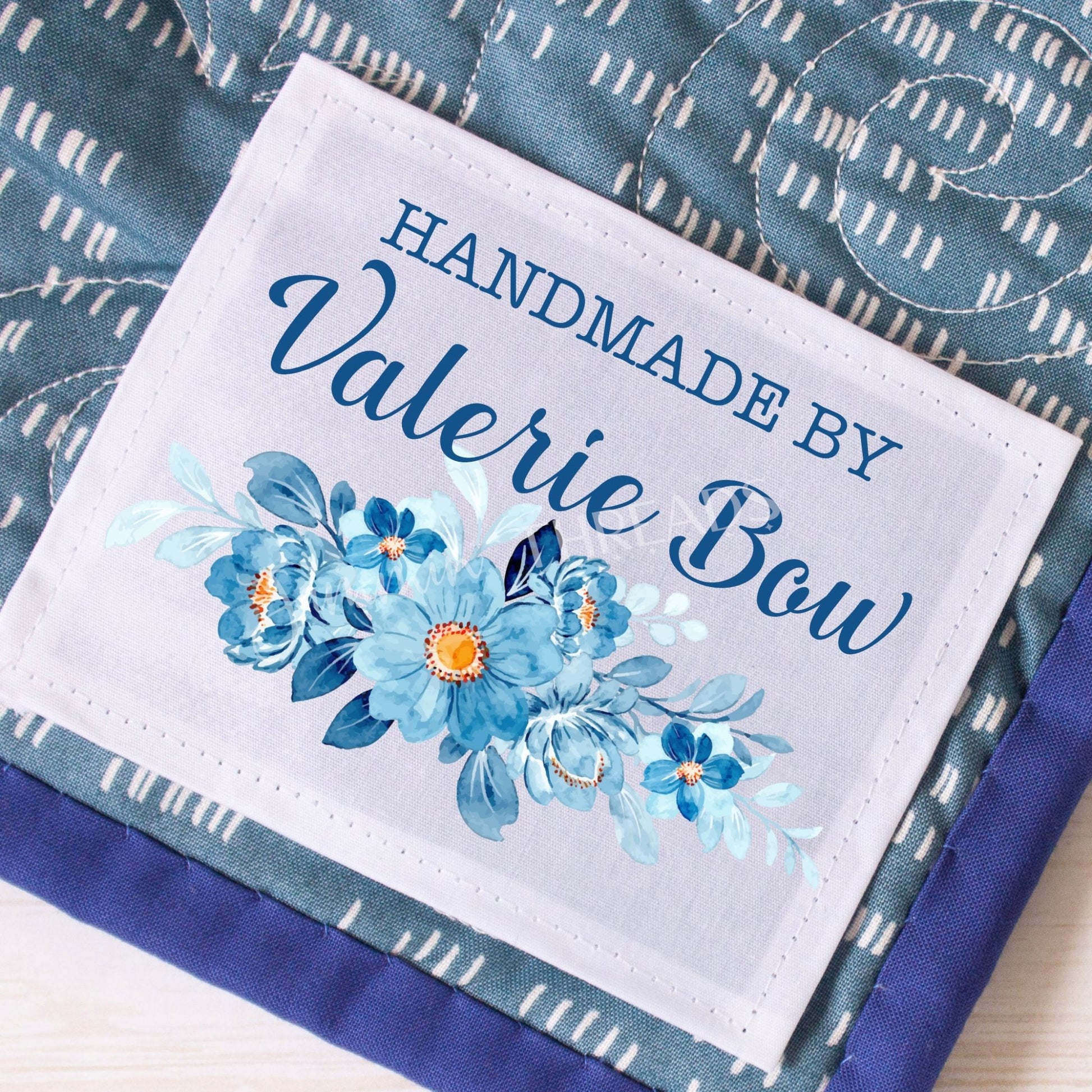 Blue Floral Quilt Labels - Pretty, Personalized Quilt Labels - Jammin Threads