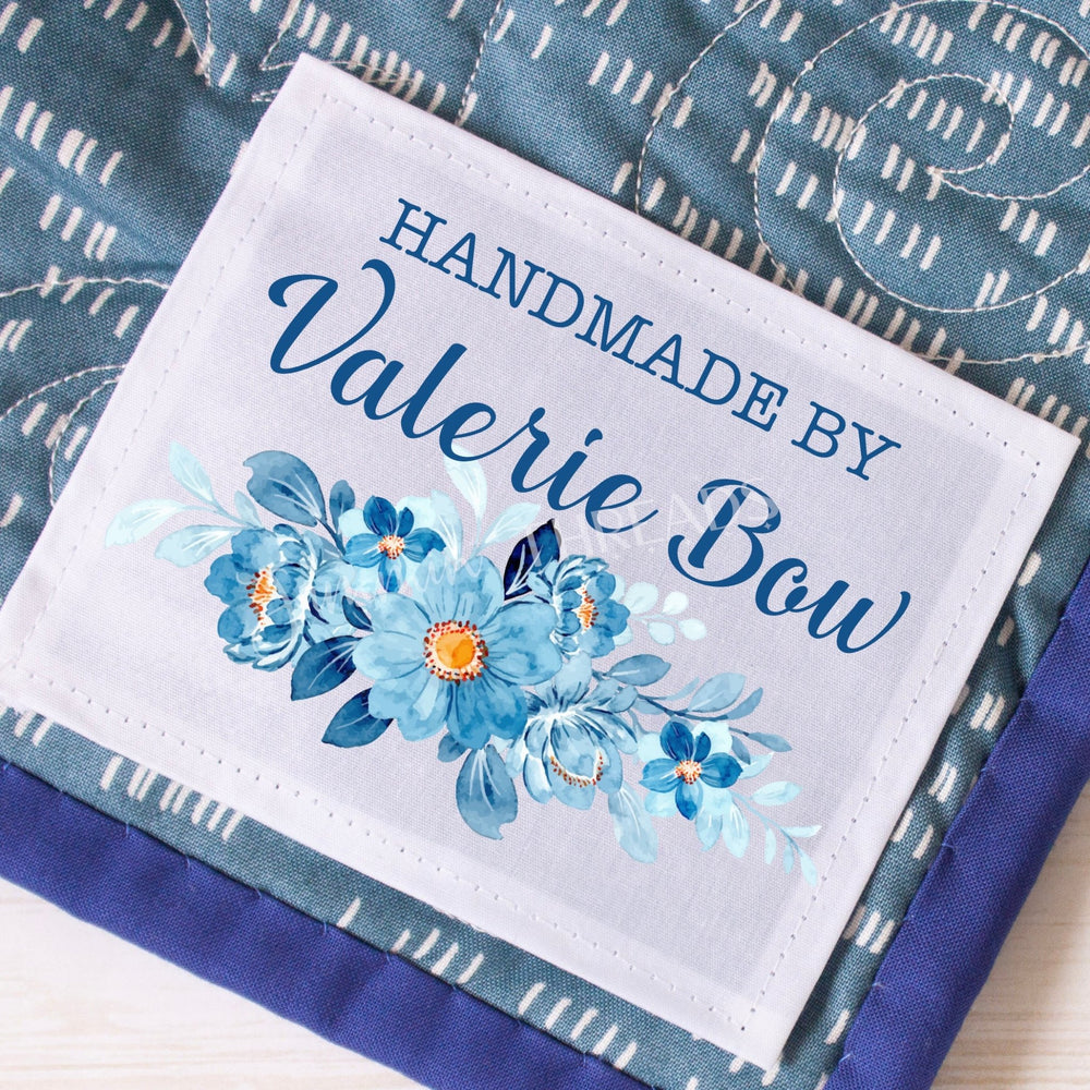 Personalized Handmade By Quilt Labels – Blue Floral Quilt Label – Custom Quilt Maker Tag – Cotton or Polyester – Set of 8 - Jammin Threads