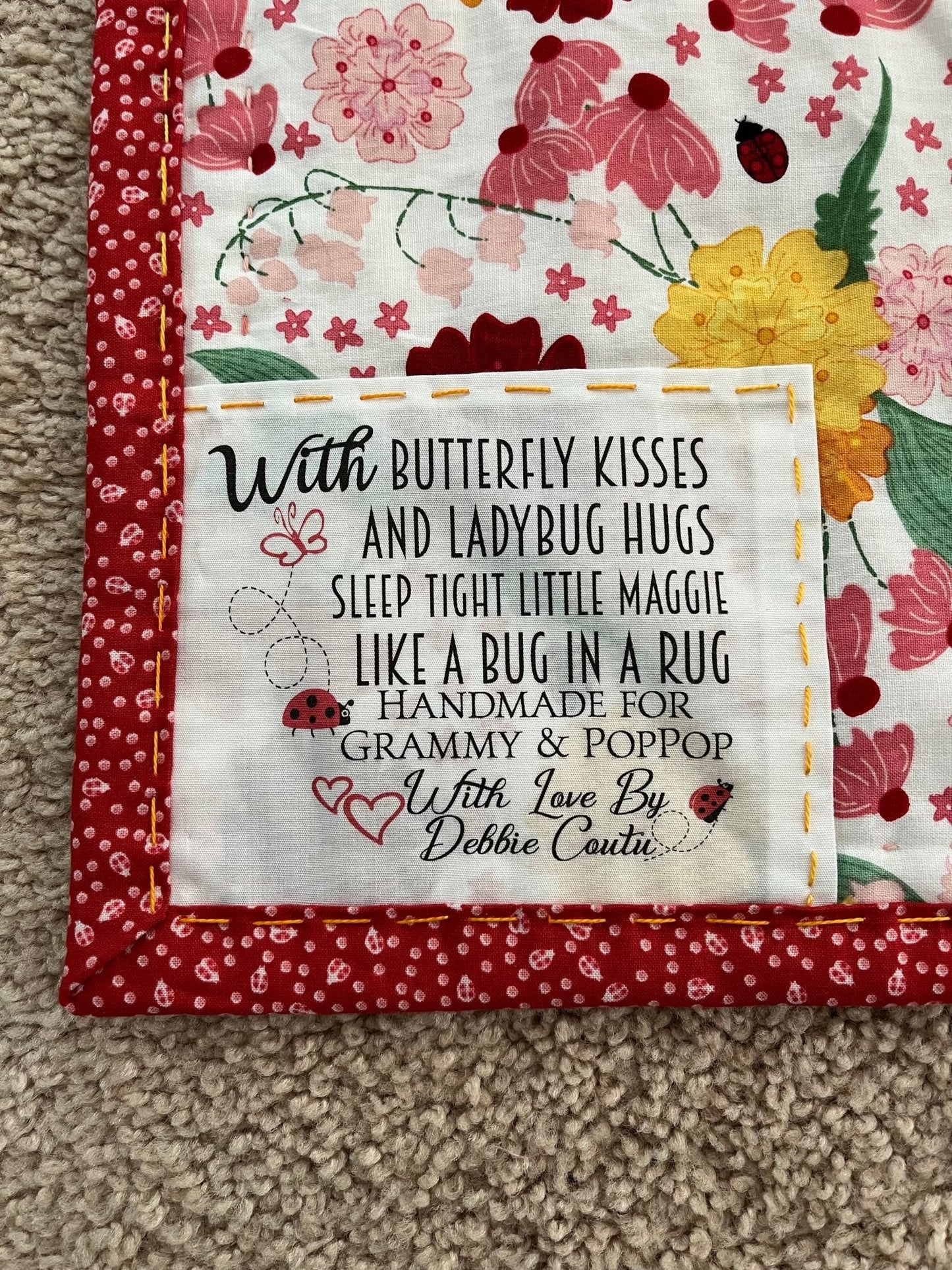 Butterfly Kisses and A Ladybug Hug. Personalized baby and kid's quilt labels - Jammin Threads