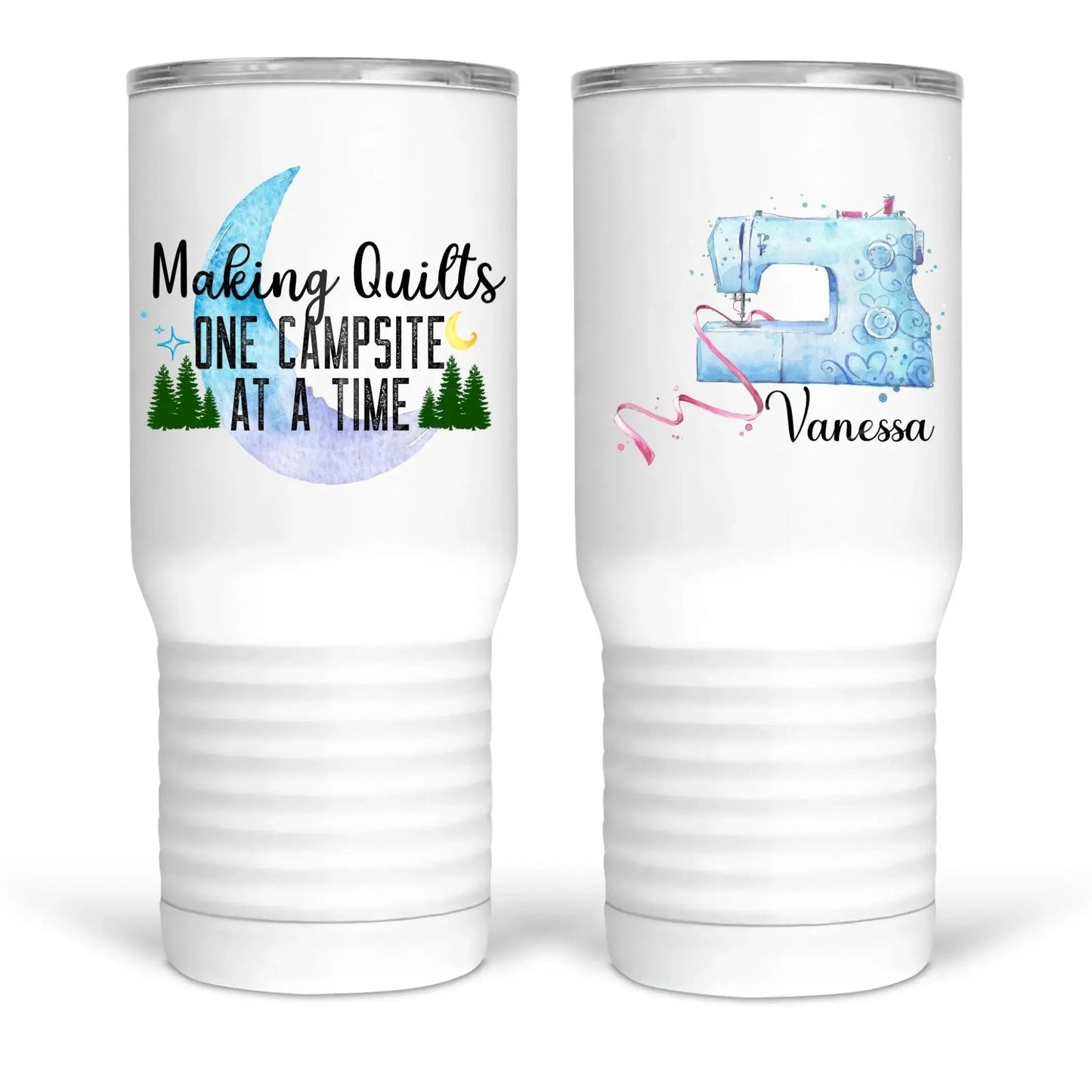 Making quilts one campsite at a time. Personalized RV Quilter mugs and tumblers - Jammin Threads