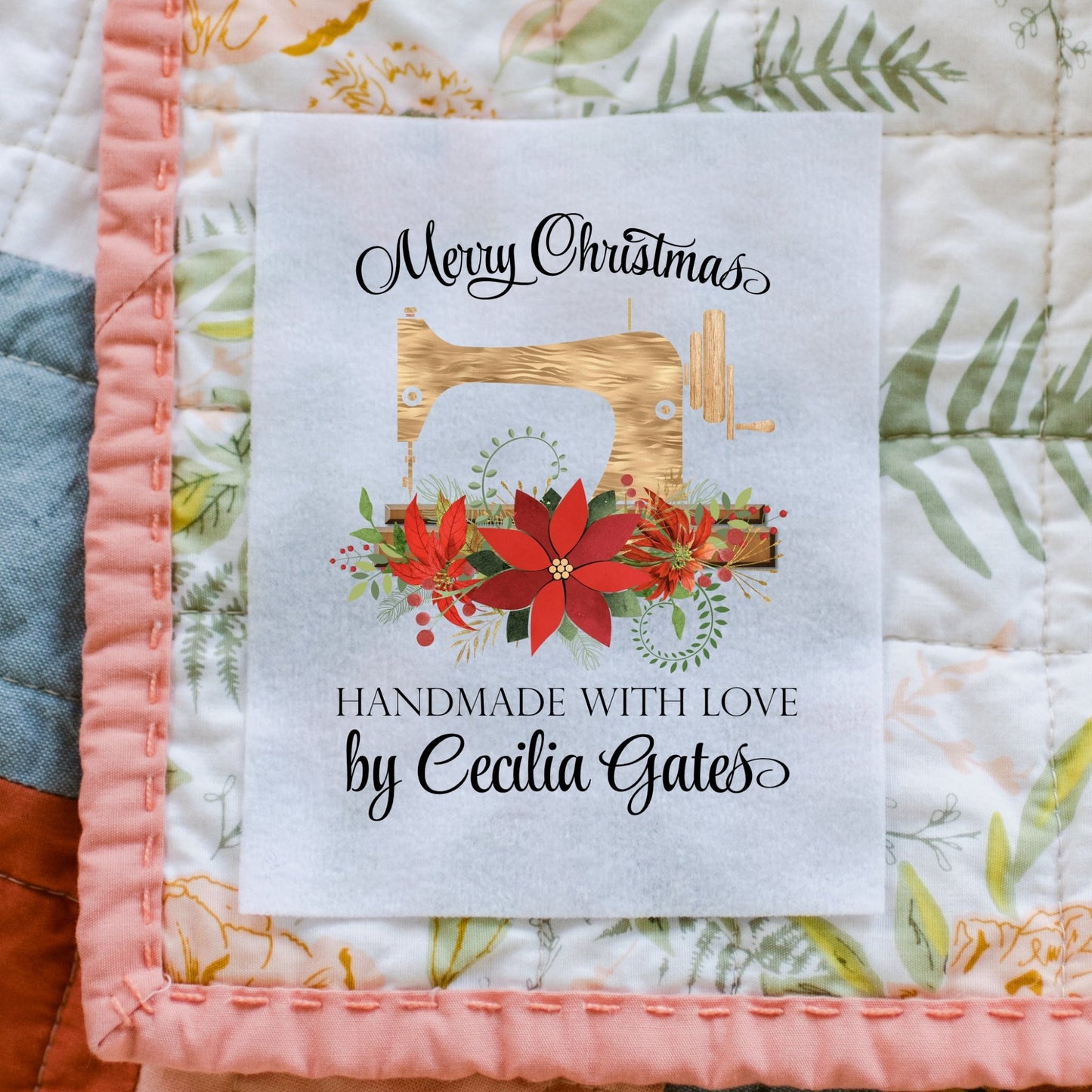 Christmas Quilt Labels - Personalized floral sewing machine quilt and blanket labels - Jammin Threads
