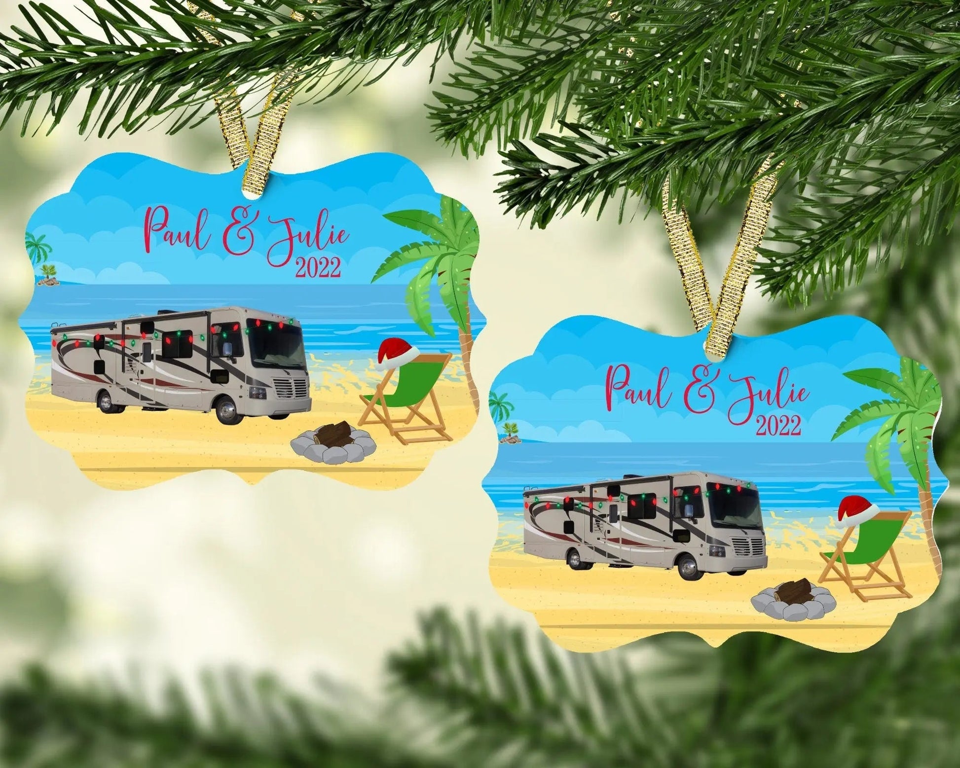Pursuit Motorhome Christmas Ornament. Personalized beach camping Christmas ornament - Jammin Threads
