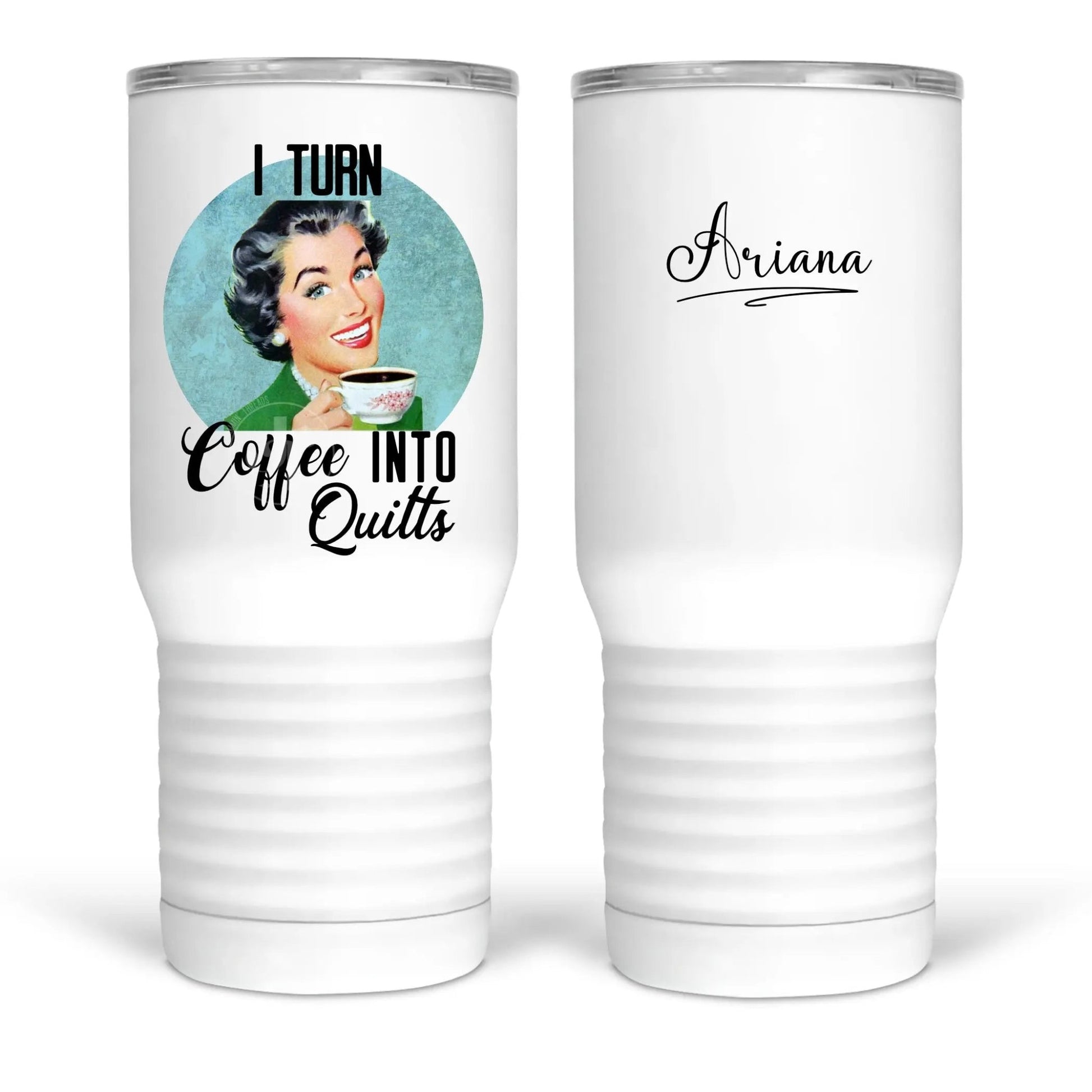 I Turn Coffee in to Quilts. Retro housewife quilting mugs and tumblers personalized for the quilter - Jammin Threads
