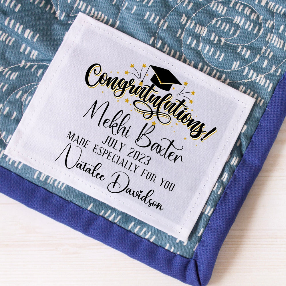 Personalized Graduation Quilt Label – Congratulations Graduate Quilt Label – Custom Name, Date & Maker – 3.5” x 2.5” Cotton or Poly - Jammin Threads