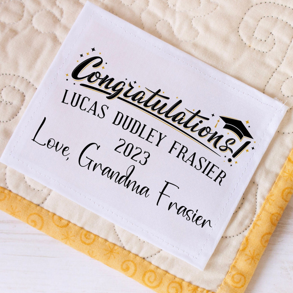 Personalized Graduation Quilt Label with Name, Date & Message – Custom “Congratulations” Quilt Label with Cap Design - Jammin Threads