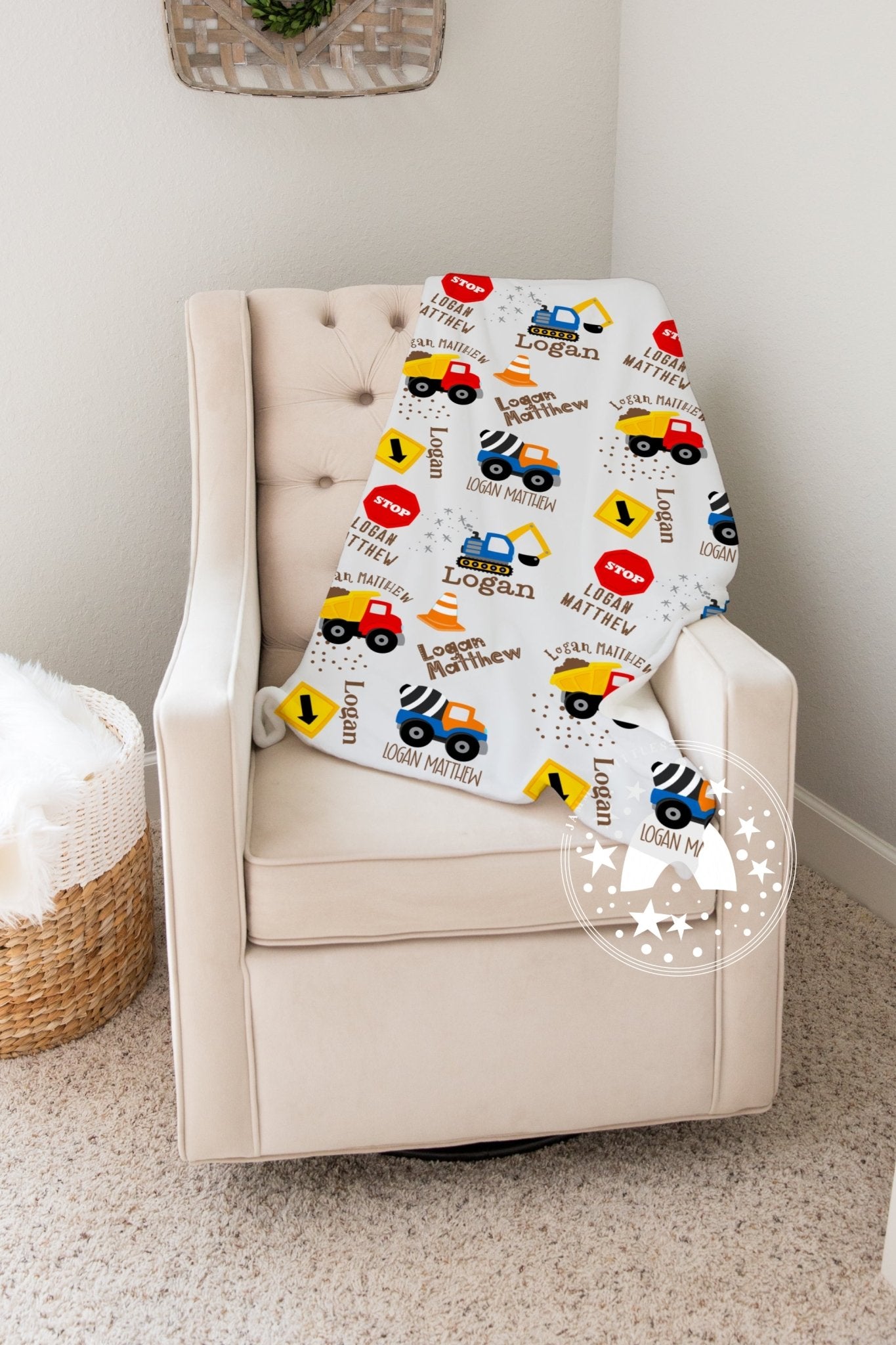 Construction Vehicle Baby Blanket - Personalized Baby Name blanket - Jammin Threads