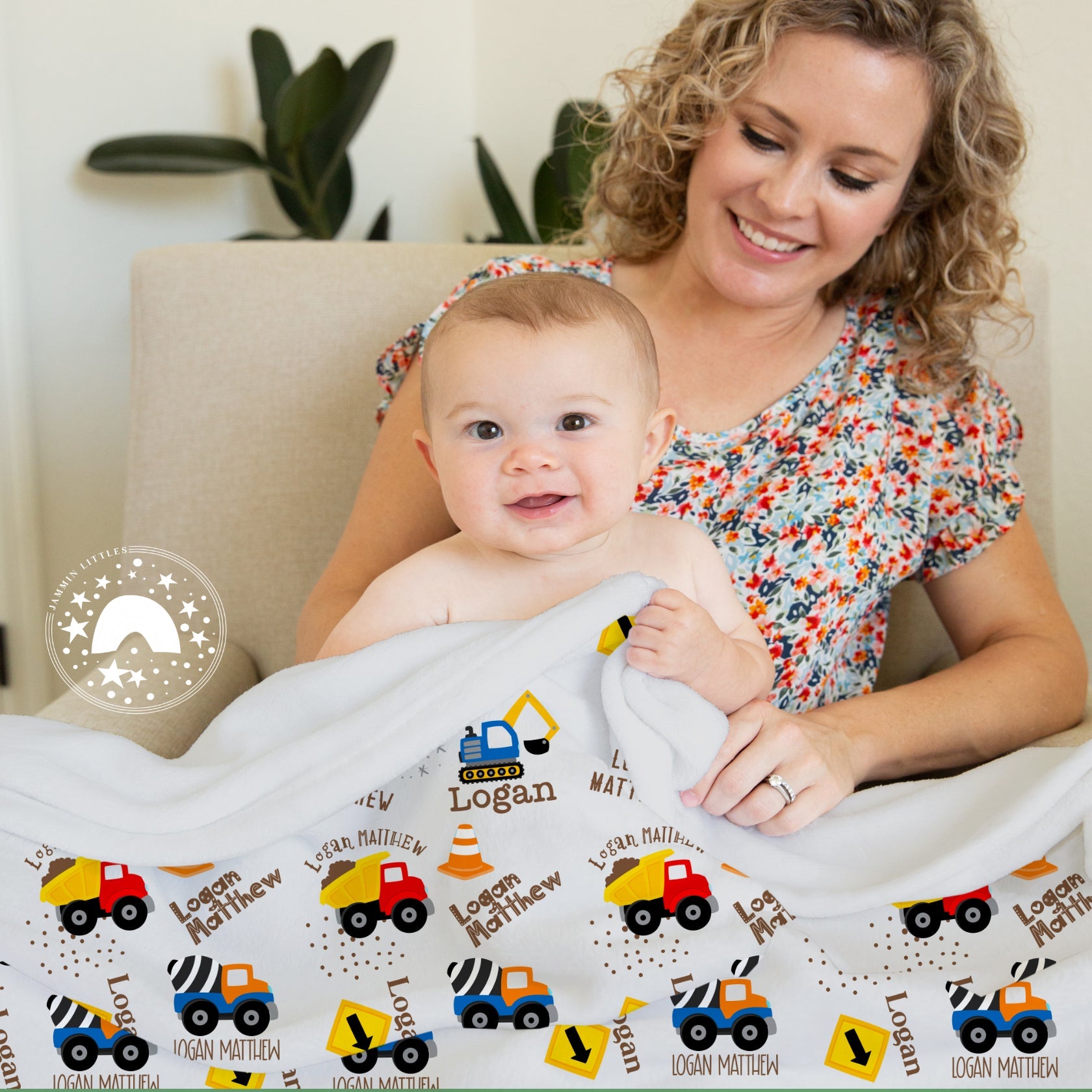 Construction Vehicle Baby Blanket - Personalized Baby Name blanket - Jammin Threads