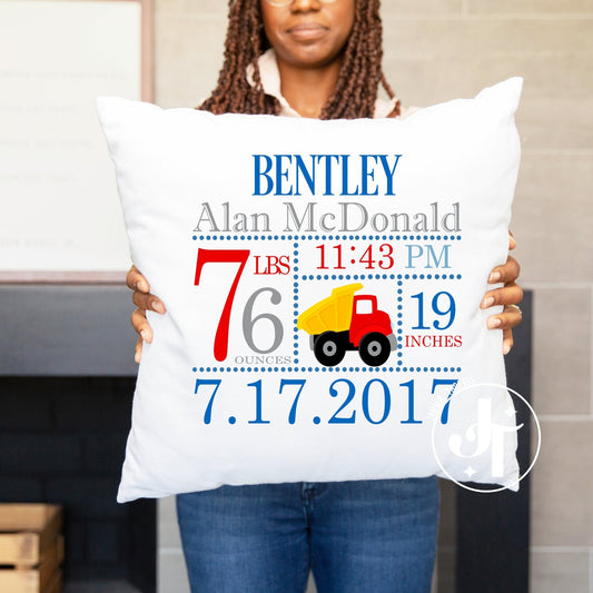 Construction Vehicle Birth Announcement Pillow - Personalized Baby Pillow - Jammin Threads