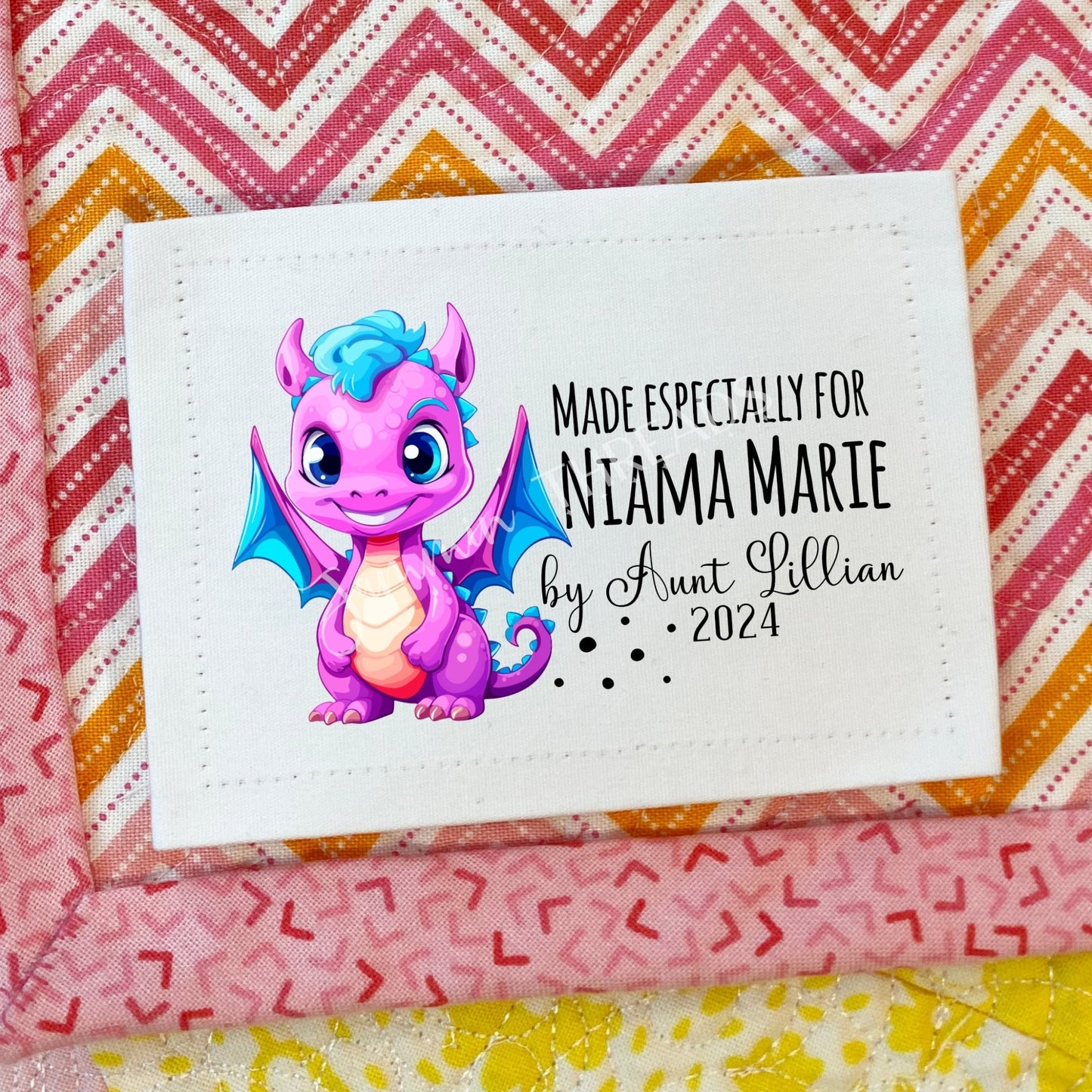 Custom Dragon Quilt Label personalized for babies and kids. - Jammin Threads