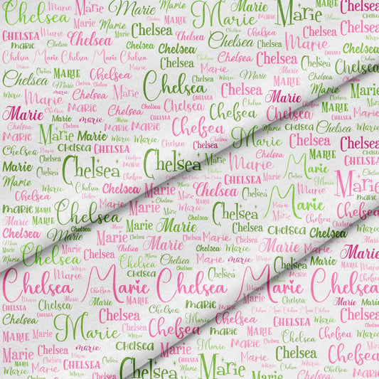 Custom fabric panel 12 X 18" with pink and green lettering. - Jammin Threads