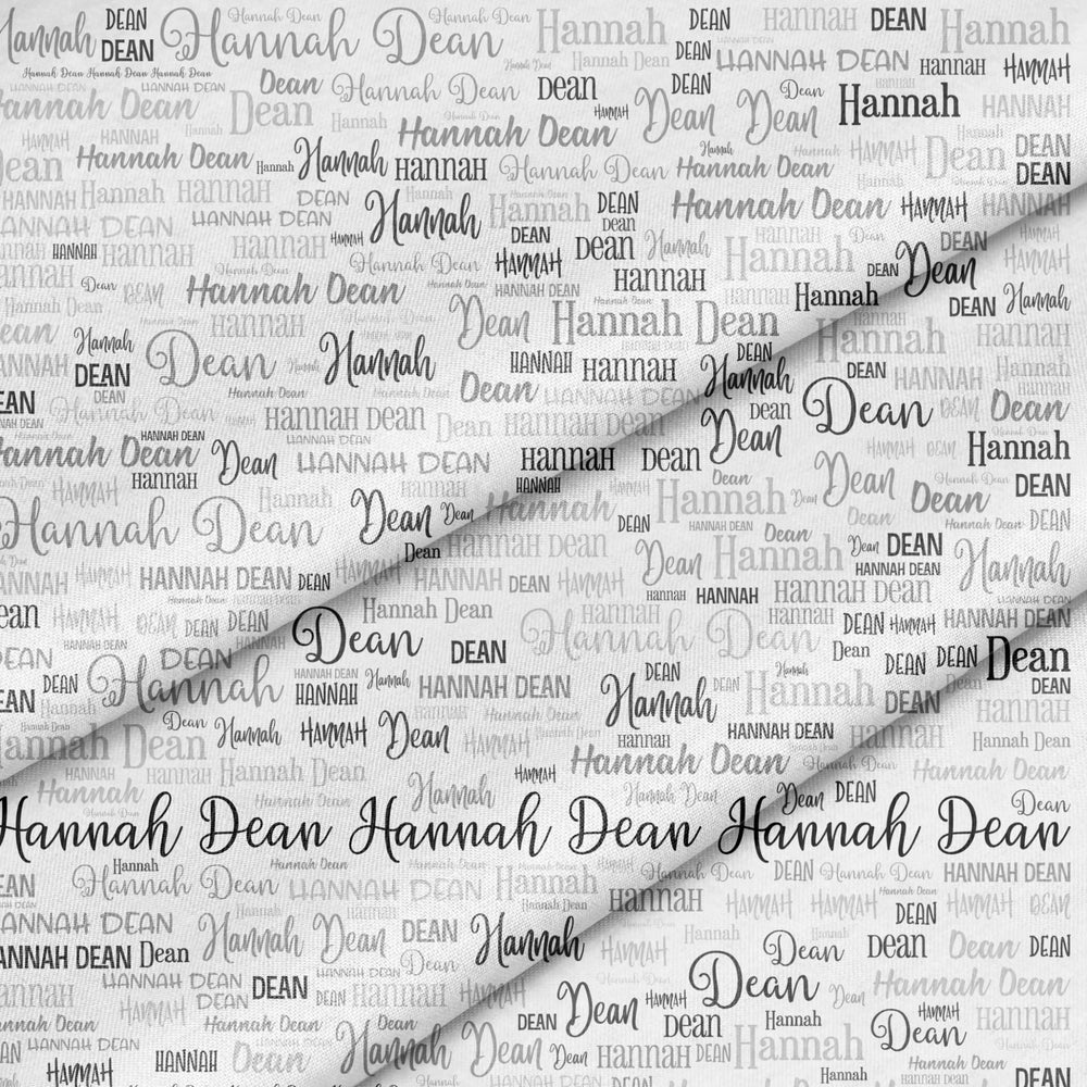 Custom fabric printed with black and gray words and letters - Jammin Threads