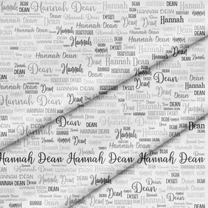 Custom fabric printed with black and gray words and letters - Jammin Threads