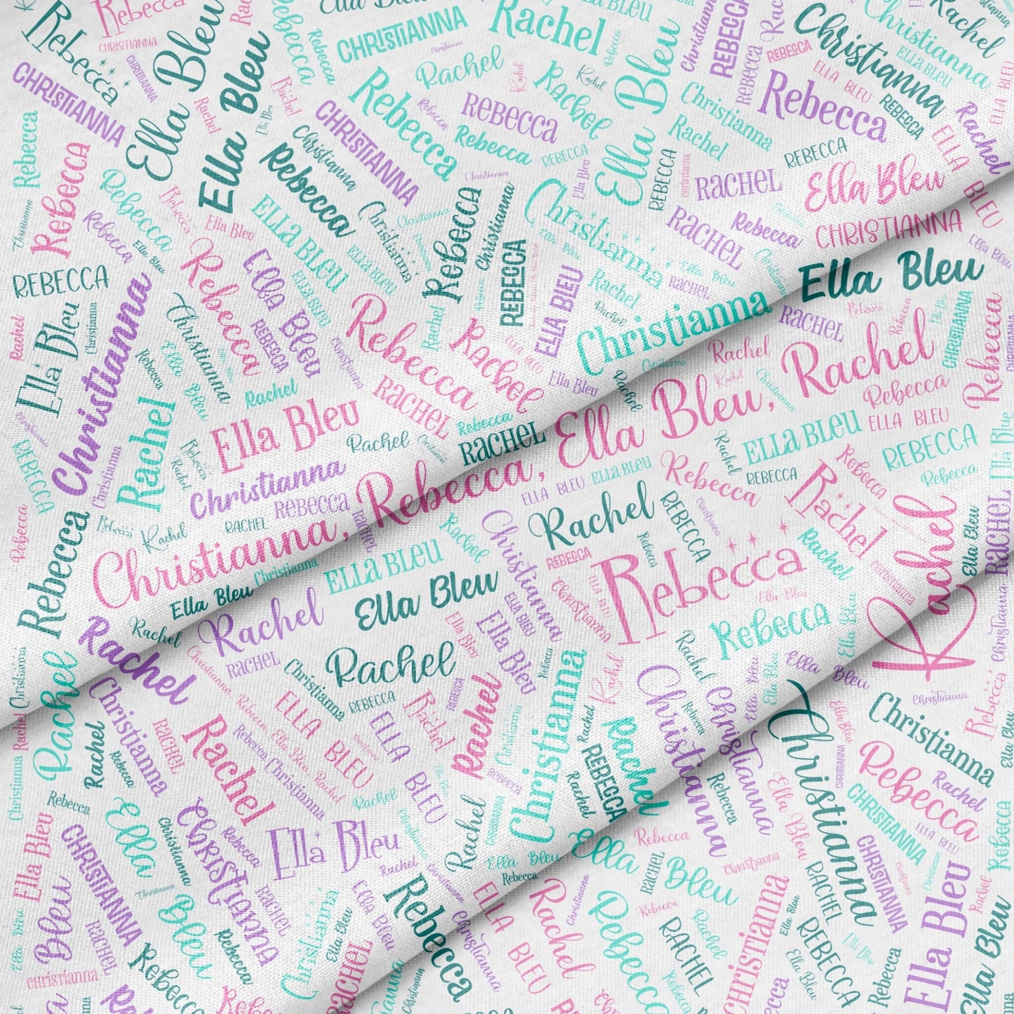Customized white fabric panel printed with shades of green, pink lettering - Jammin Threads