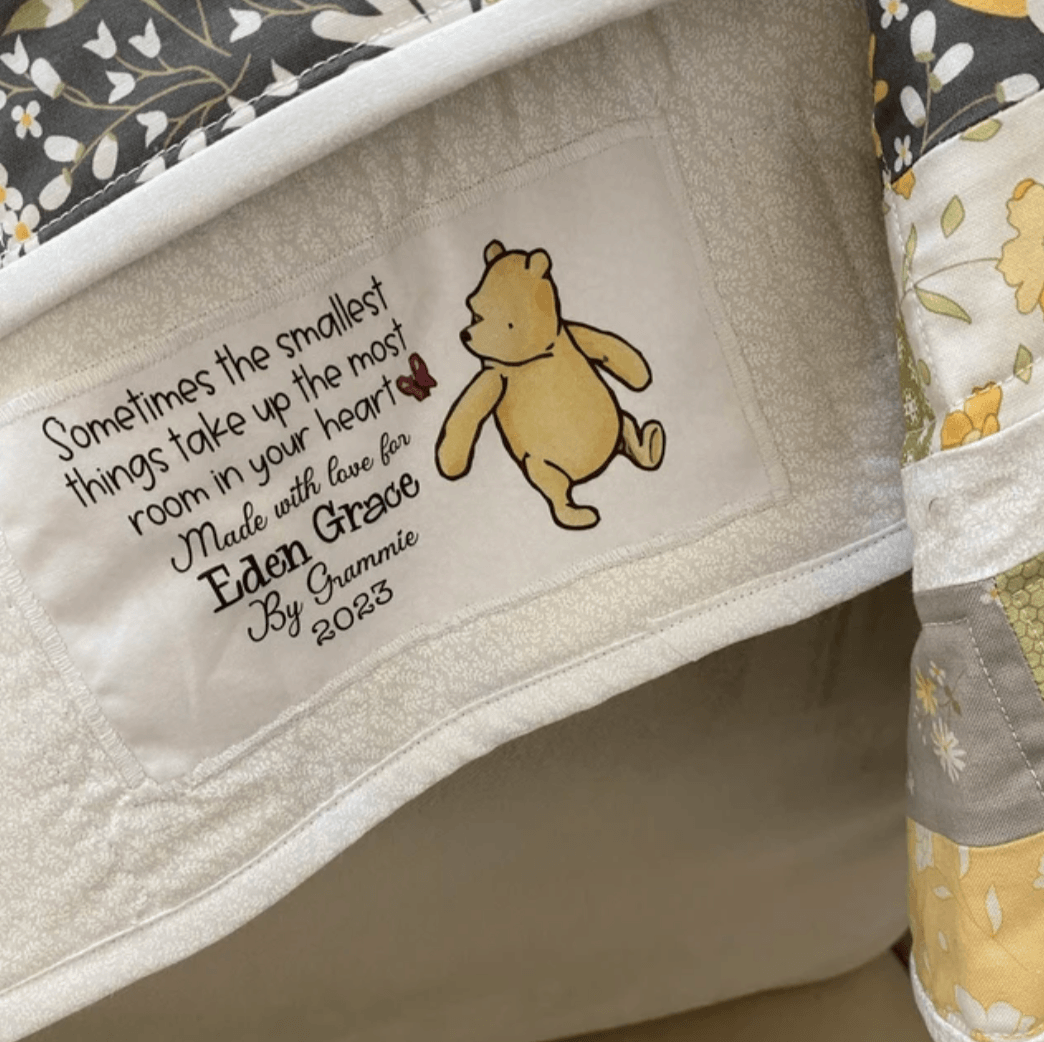 Cute Bear Quilt Label - Personalized Pooh Baby Quilt Labels - Jammin Threads