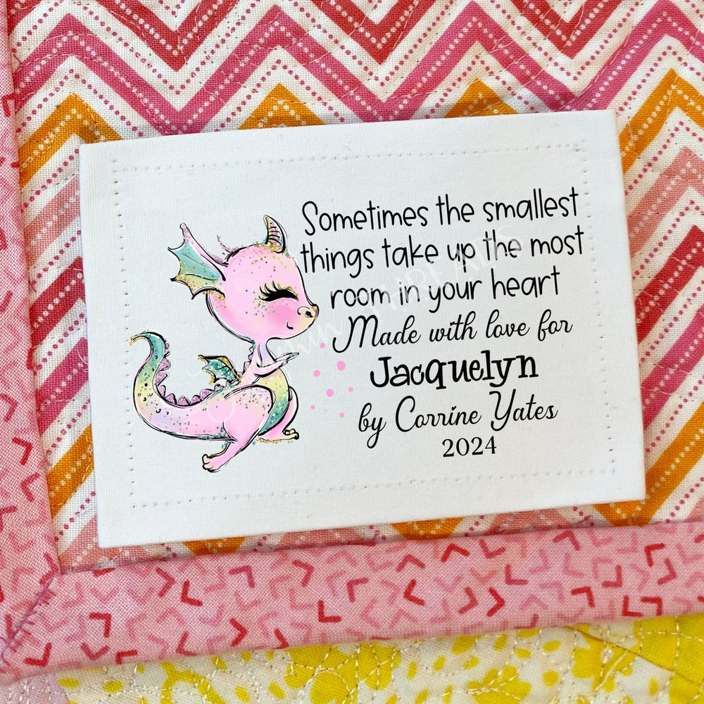 Personalized Baby Quilt Label with Pink Dragon – Custom Name, Maker & Year – 4x2.25 Quilt Label - Jammin Threads