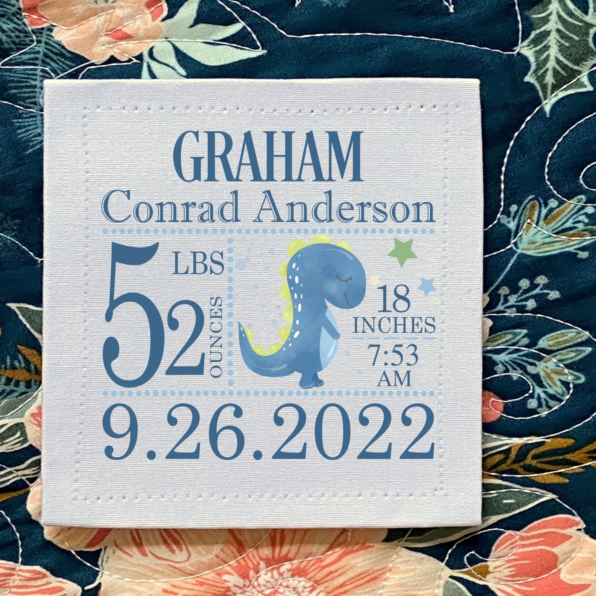 Dinosaur Baby Quilt Block. Personalized baby quilt label with all of baby's birth information - Jammin Threads