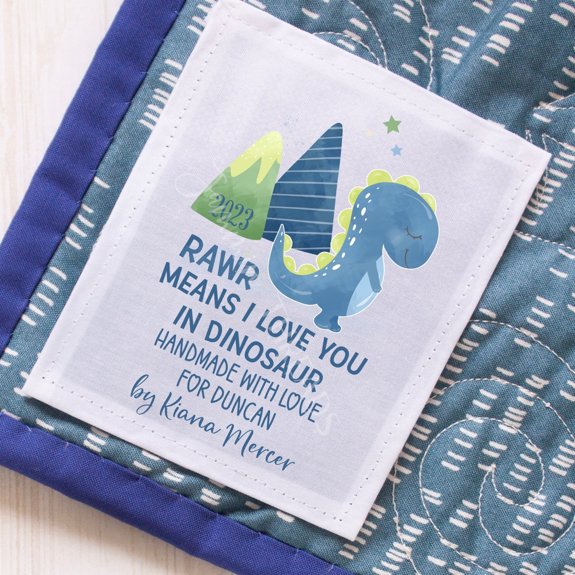Dinosaur Baby Quilt Label - Custom Baby Quilt Label - Jammin Rawr Means I Love You in Dinosaur. Personalized kid and baby quilt labels