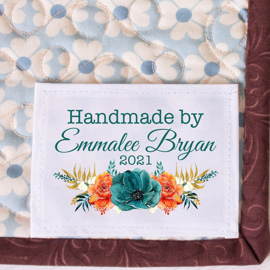 Emerald and Orange Floral Quilt Labels - Personalized Floral Quilt Labels - Jammin Threads