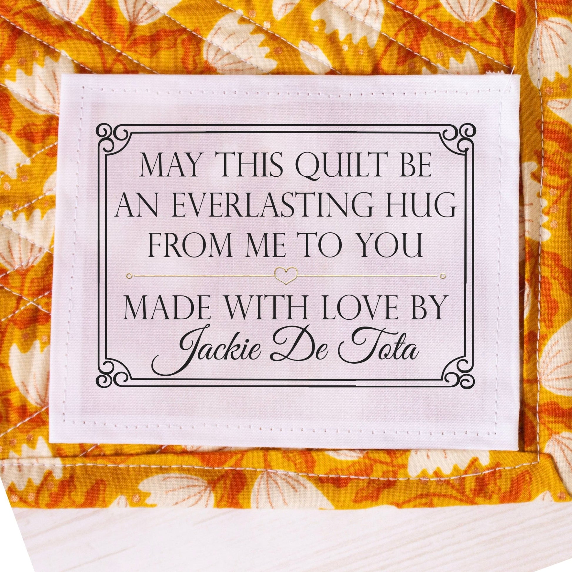 May this quilt be an everlasting hug from. me to you. Personalized, sentimental quilt labels - Jammin Threads
