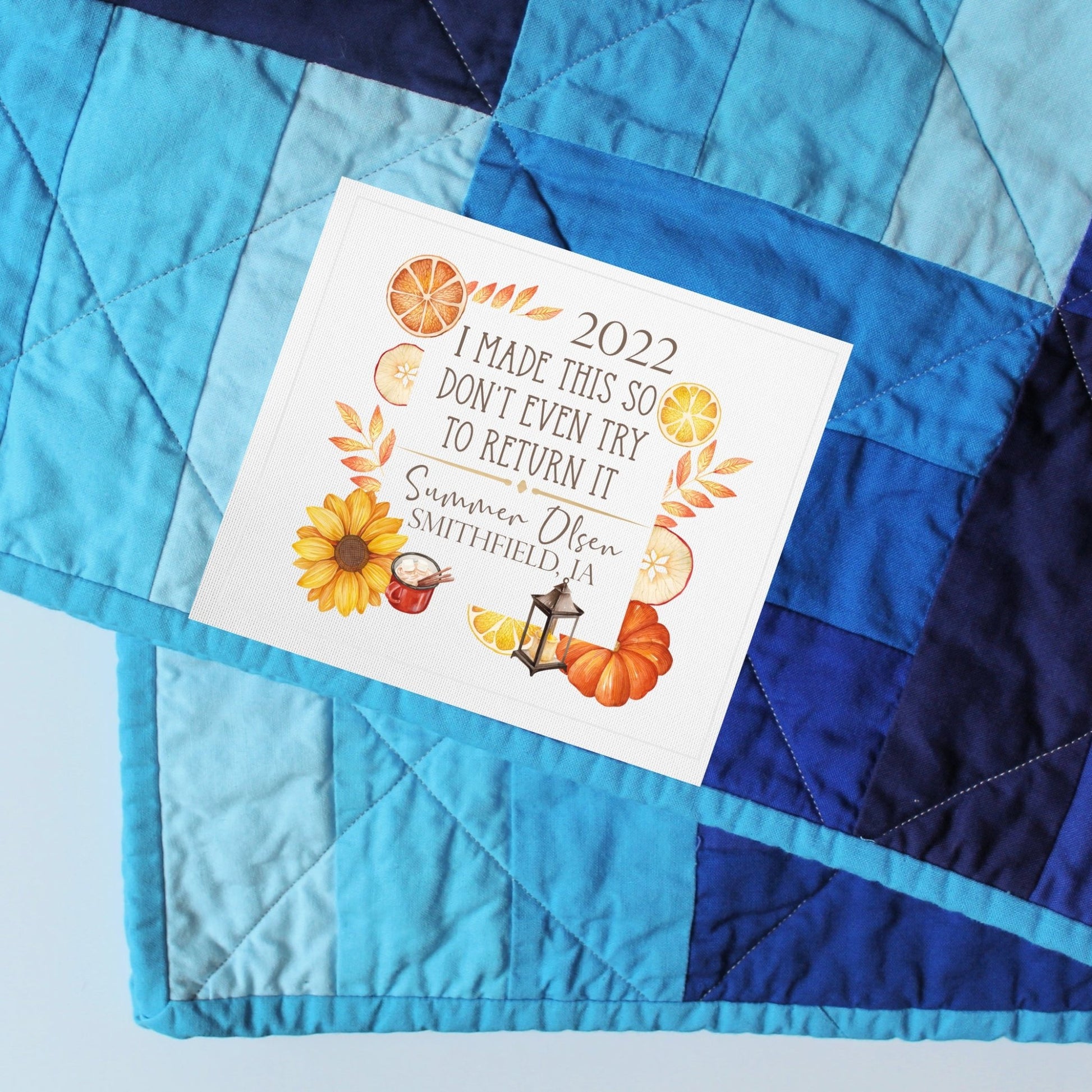 Fall floral quilt label personalized with the name of the maker, location and a year on cotton or poleyster - Jammin Threads