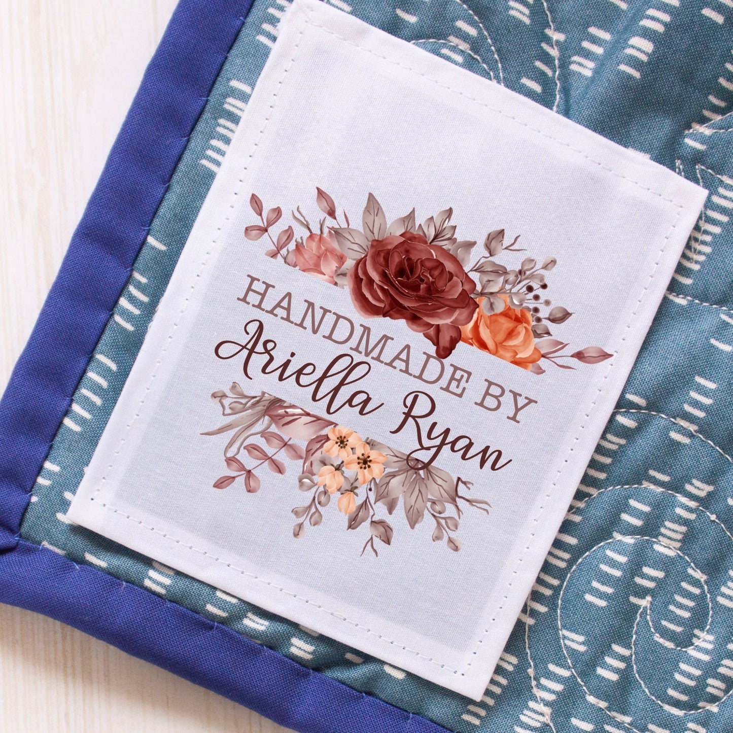 Fall floral quilt labels personalized on cotton or polyester. Sew on quilt labels - Jammin Threads