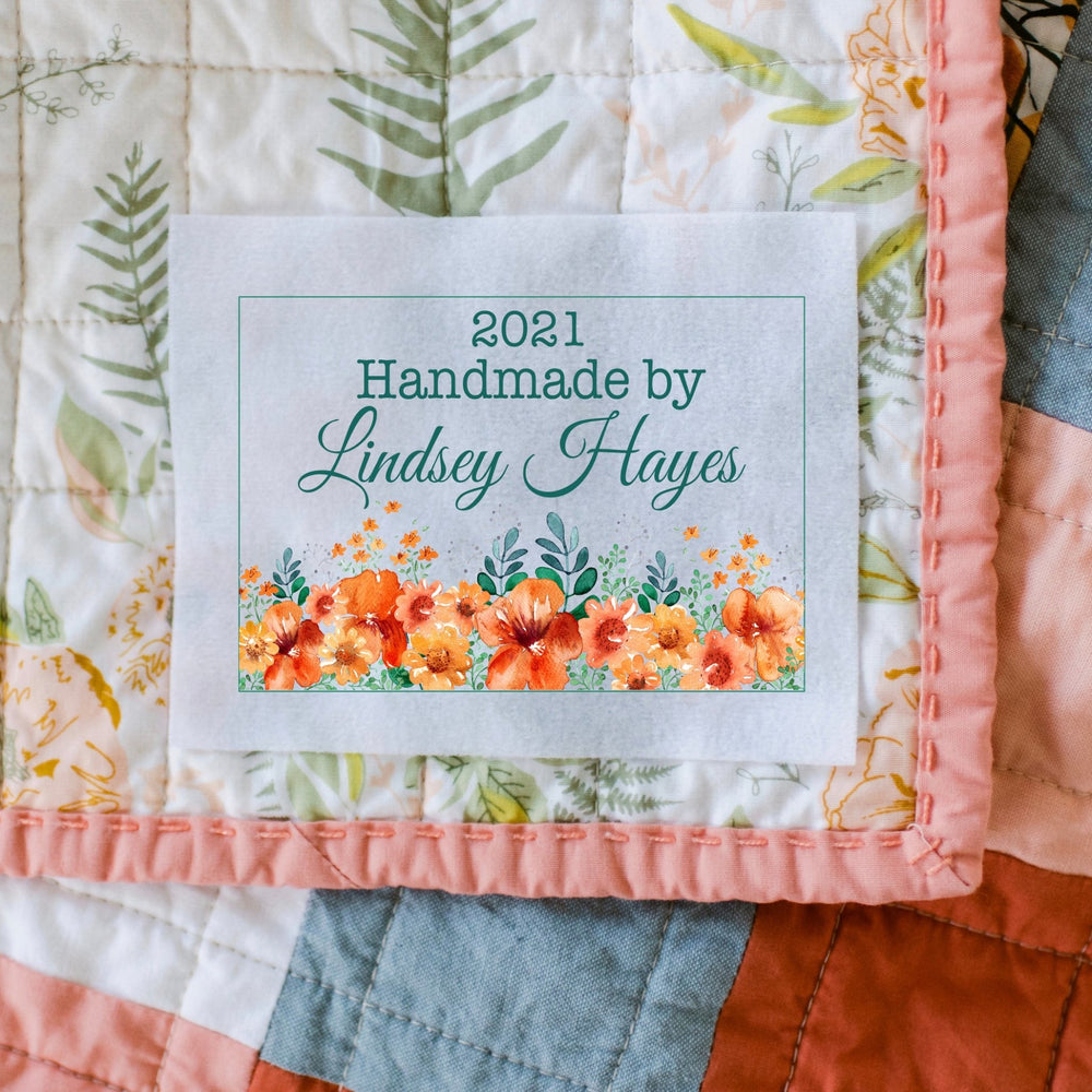 Personalized Floral Quilt Labels – Emerald Green & Orange Flower Design | Custom Maker Name & Year | 6 Labels Per Sheet Cotton or Polyester - Jammin Threads