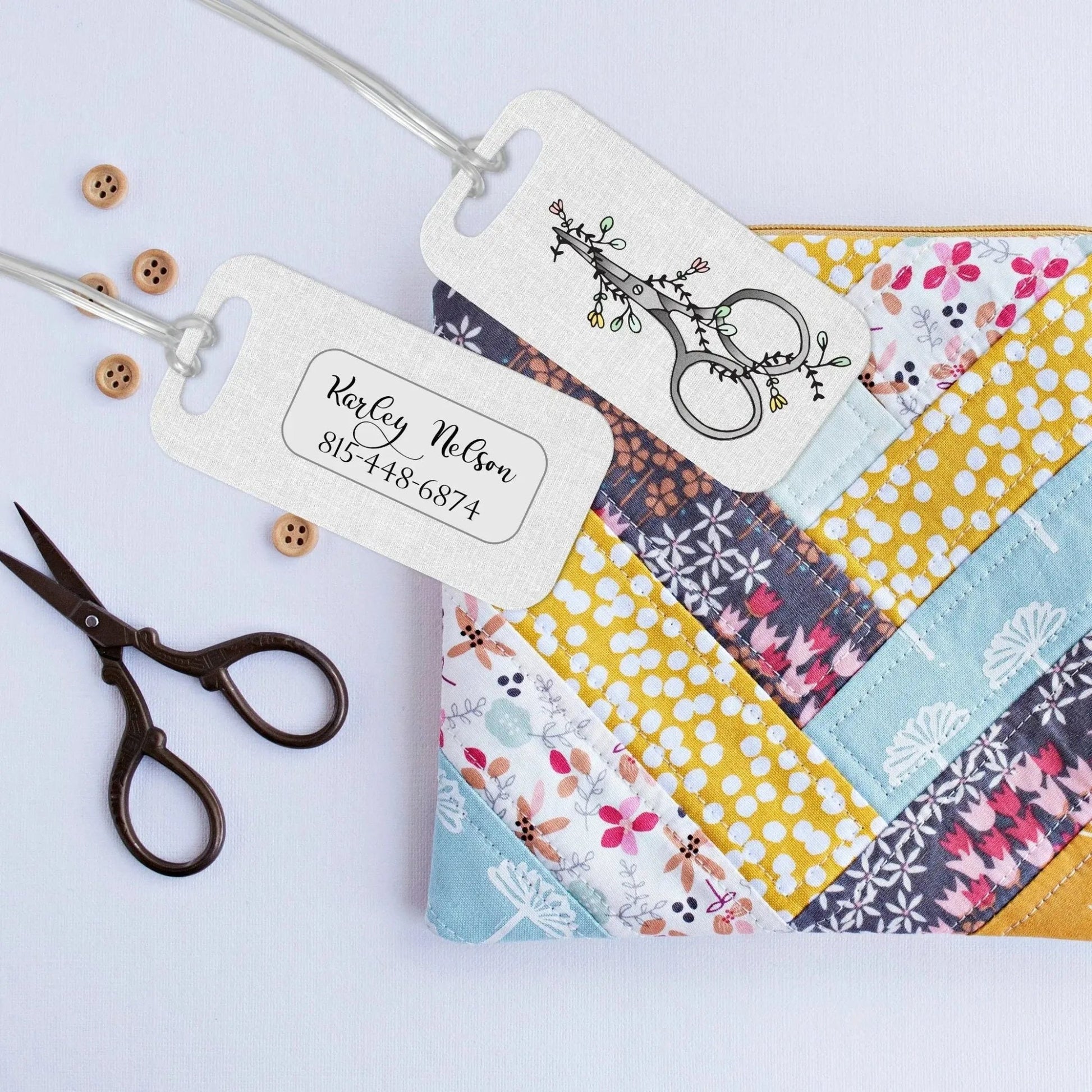 Floral Scissors Bag Tag. Personalized luggage tag for quilters and sewists by Jammin Threads