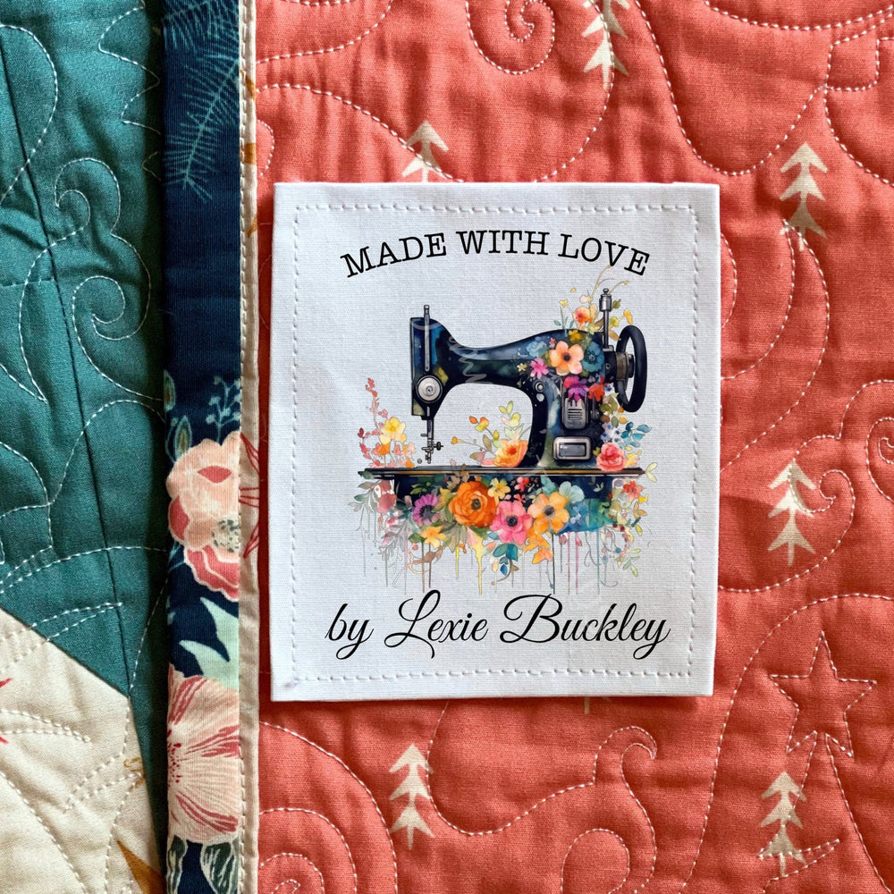 Floral Sewing Machine Quilt Labels – Personalized Made With Love Quilt Label – Custom Quilt Tag – Cotton or Polyester – 6 per Sheet - Jammin Threads