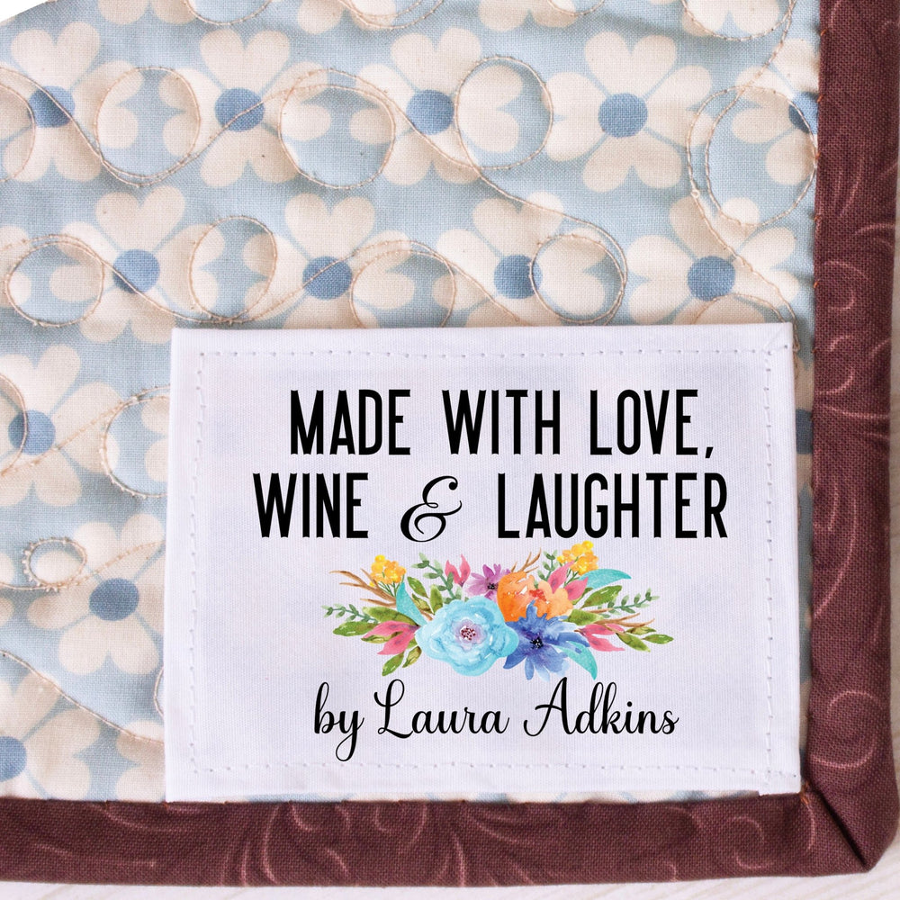 Made with Wine and Laughter Quilt Label – Personalized Floral Quilt Tag – Custom Quilt Label with Name – Funny Quilter Gift Label - Jammin Threads