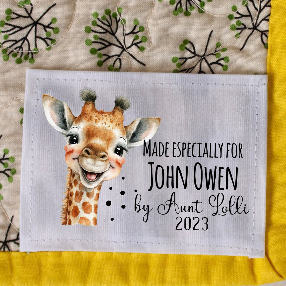 Personalized Giraffe Quilt Label – Made Especially For Custom Name Tag – Baby Quilt Label with Maker Name & Year – Single Fabric Label - Jammin Threads