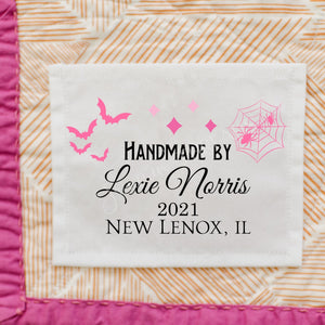 Halloween quilt labels personalized with a name, year and location - Jammin Threads