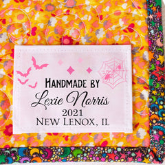 Halloween quilt labels personalized with a name, year and location - Jammin Threads