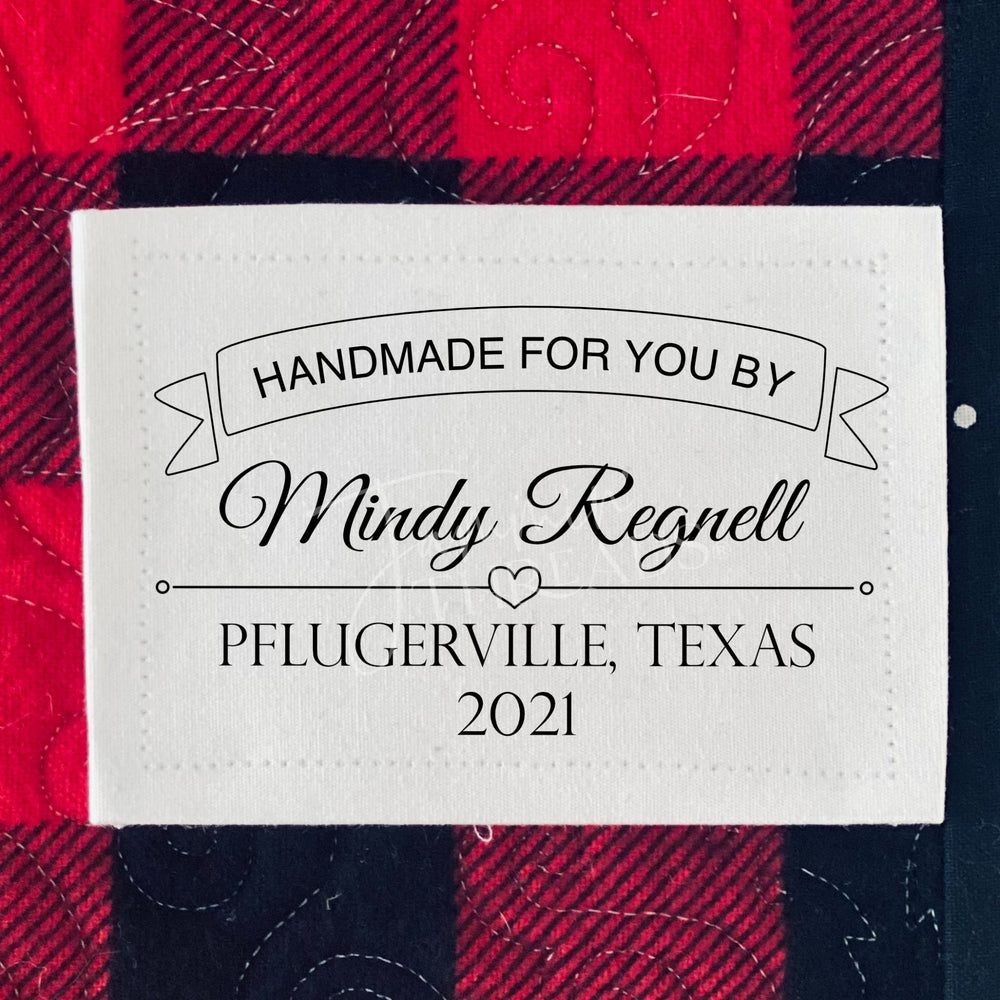 Personalized Handmade By Quilt Label with Banner – Custom Quilt Label with Maker Name, Location and Year – Sew - On Quilt Labels 2.75 x 1.75" (6 per Sheet) - Jammin Threads
