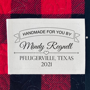 Handmade for You. Elegant quilt labels personalized with the name of the quilter, a location and a year - Jammin Threads
