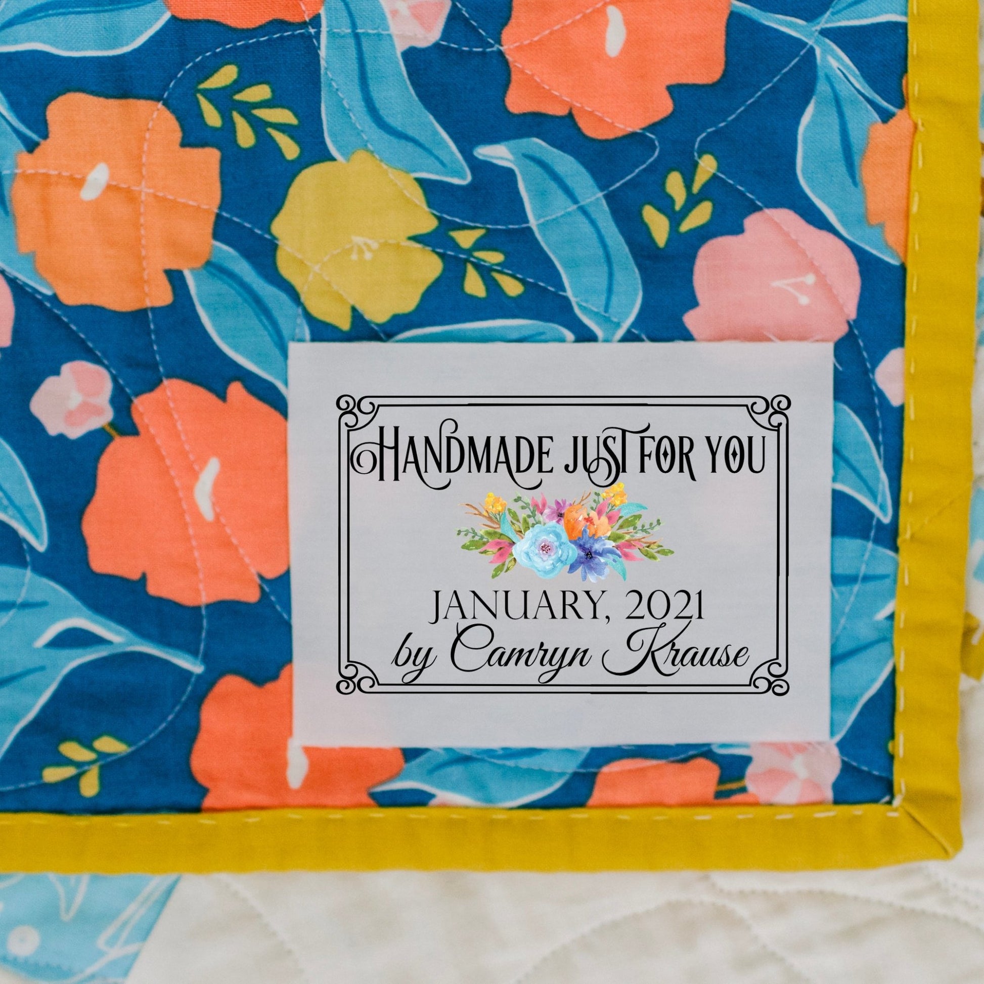 Handmade Just for You. Personalized floral quilt labels with the name of the quilter and a date - Jammin Threads