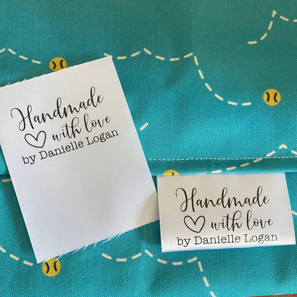 Handmade with Love Satin tags folded in half and add to binding