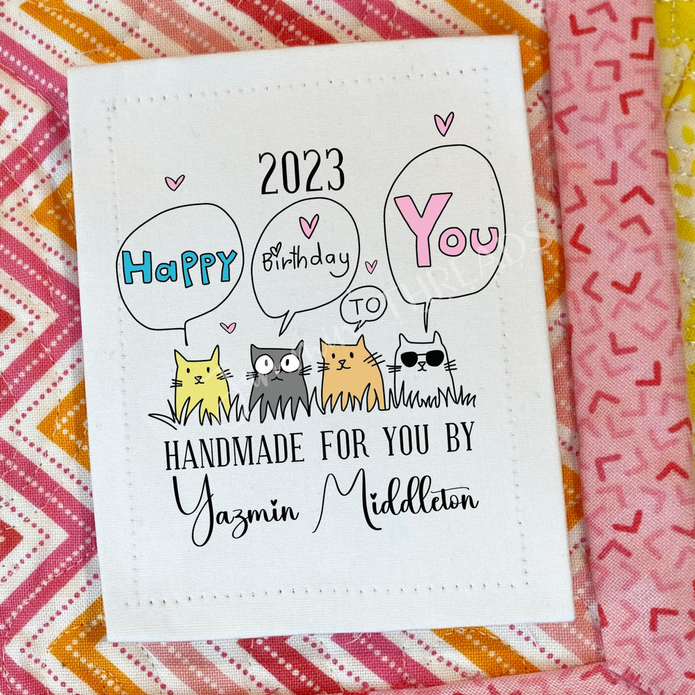Happy Birthday Quilt Label with Cute Cats – Personalized Name & Year Quilt Label – Funny Cat Quilt Tag – Handmade Quilt Label - Jammin Threads