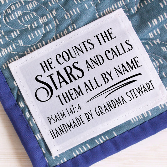 He Counts The Stars and Calls Them by Name. Psalm 147:4. Christian baby quilt labels - Jammin Threads
