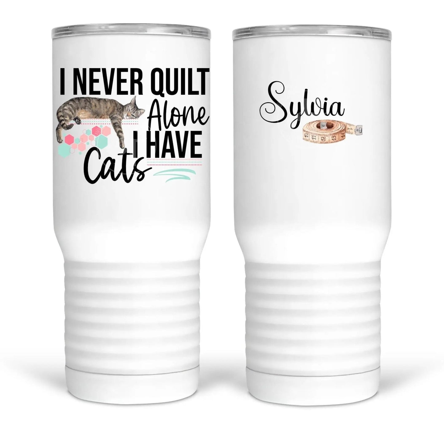 I Never Quilt Alone, I have cats!  Mugs and tumblers for quilters with a feline assistant! - Jammin Threads