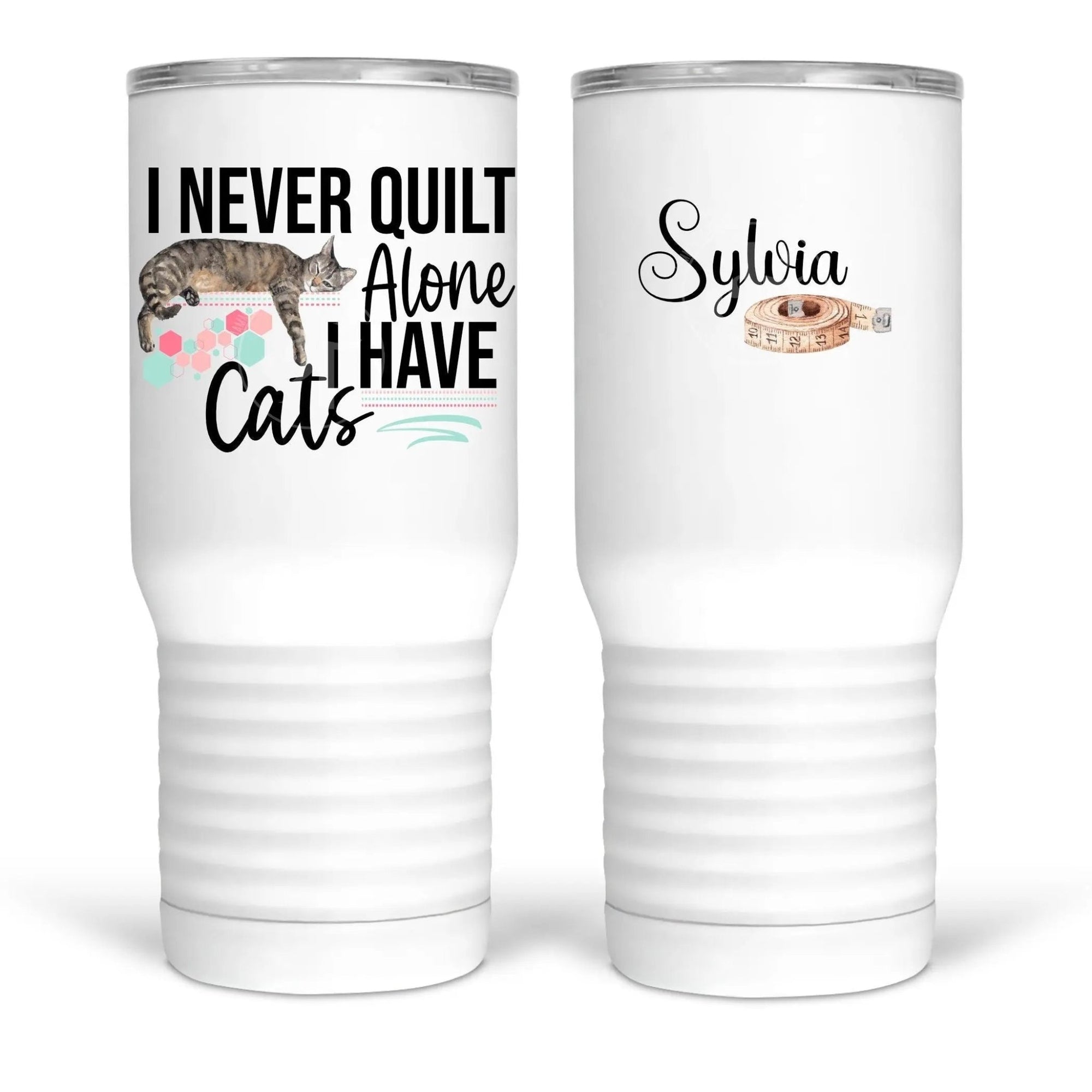 I Never Quilt Alone, I have cats!  Mugs and tumblers for quilters with a feline assistant! - Jammin Threads