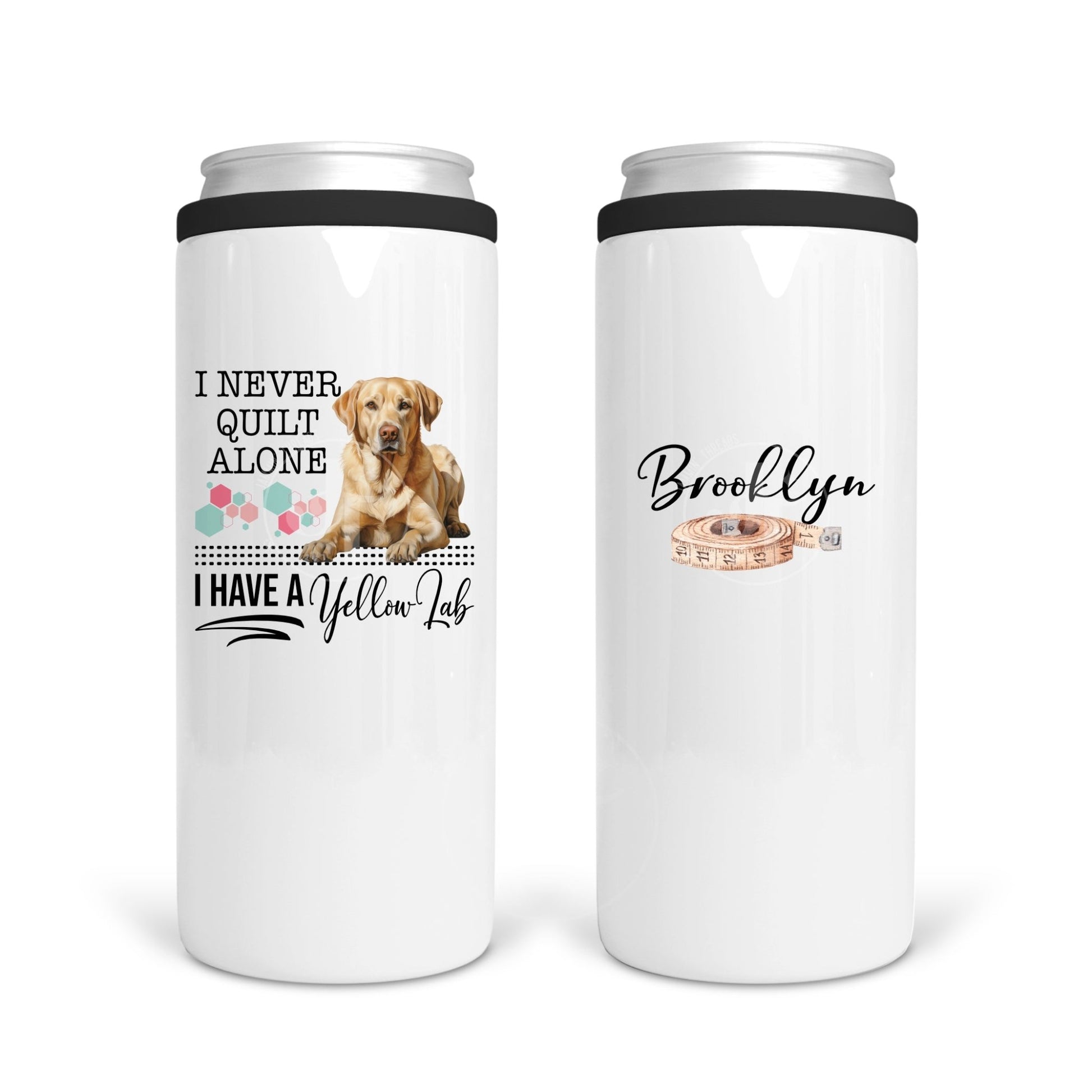 I Never Quilt Alone...I Have A Yellow Lab. Funny dog quilting mugs and tumblers - Jammin Threads