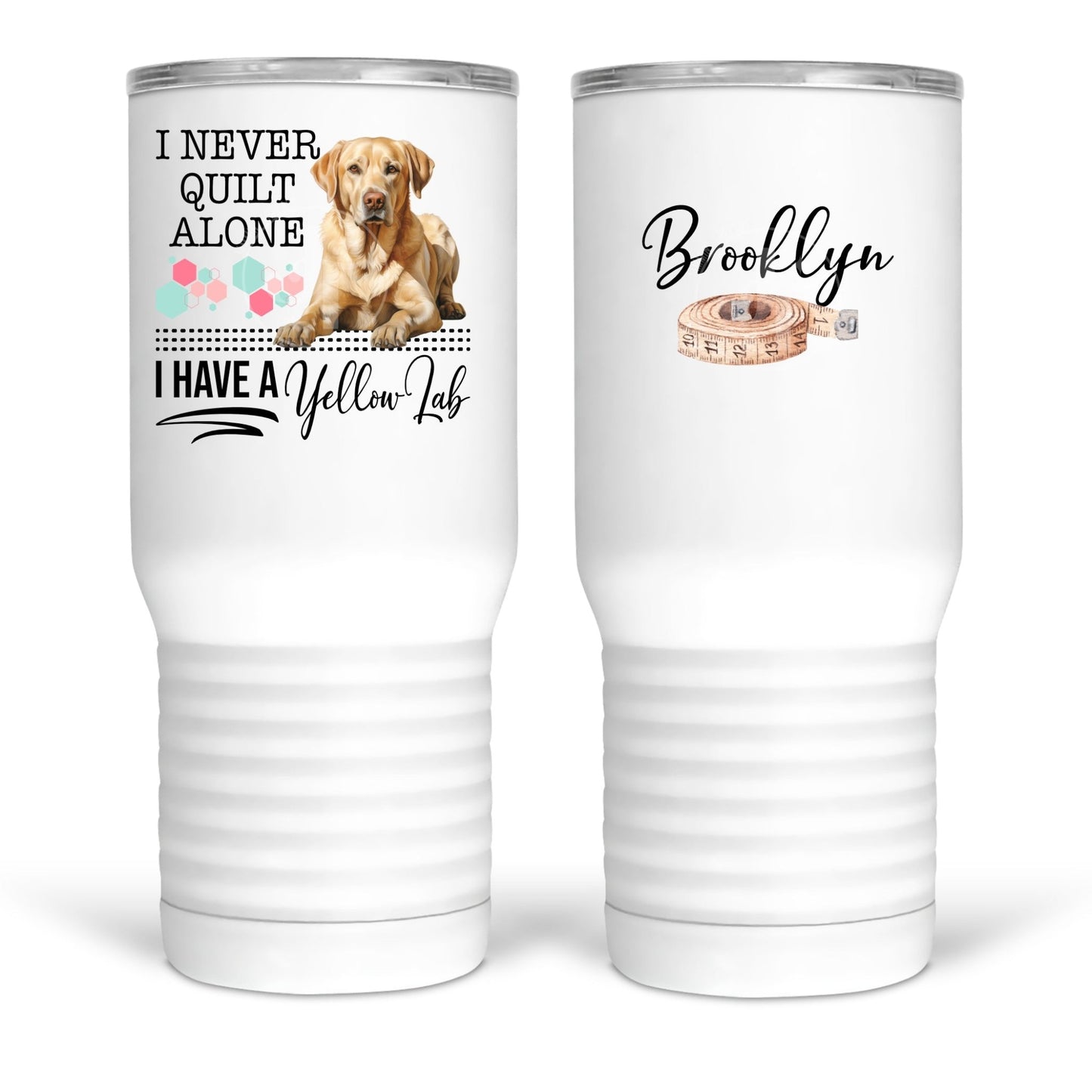 I Never Quilt Alone...I Have A Yellow Lab. Funny dog quilting mugs and tumblers - Jammin Threads