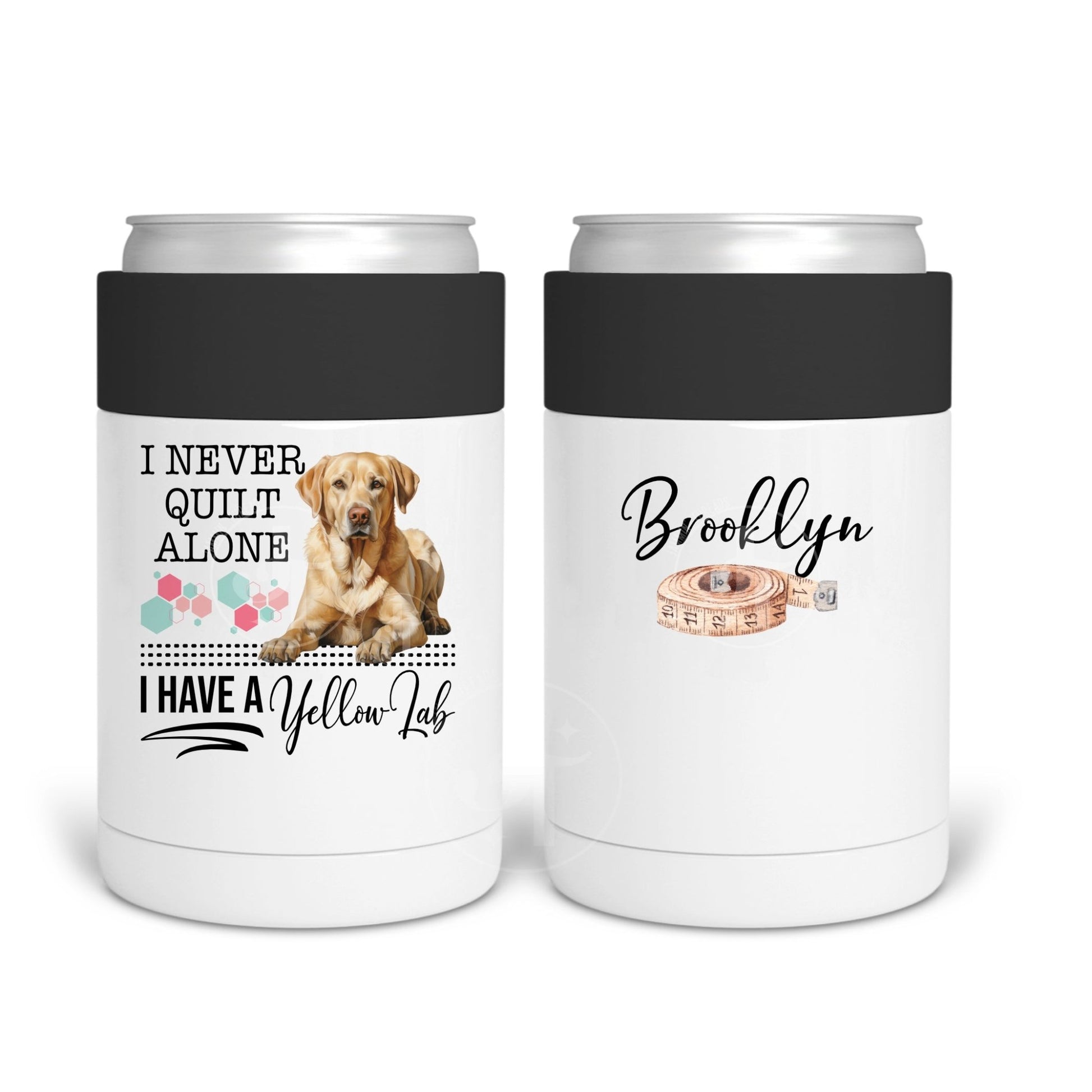 I Never Quilt Alone...I Have A Yellow Lab. Funny dog quilting mugs and tumblers - Jammin Threads